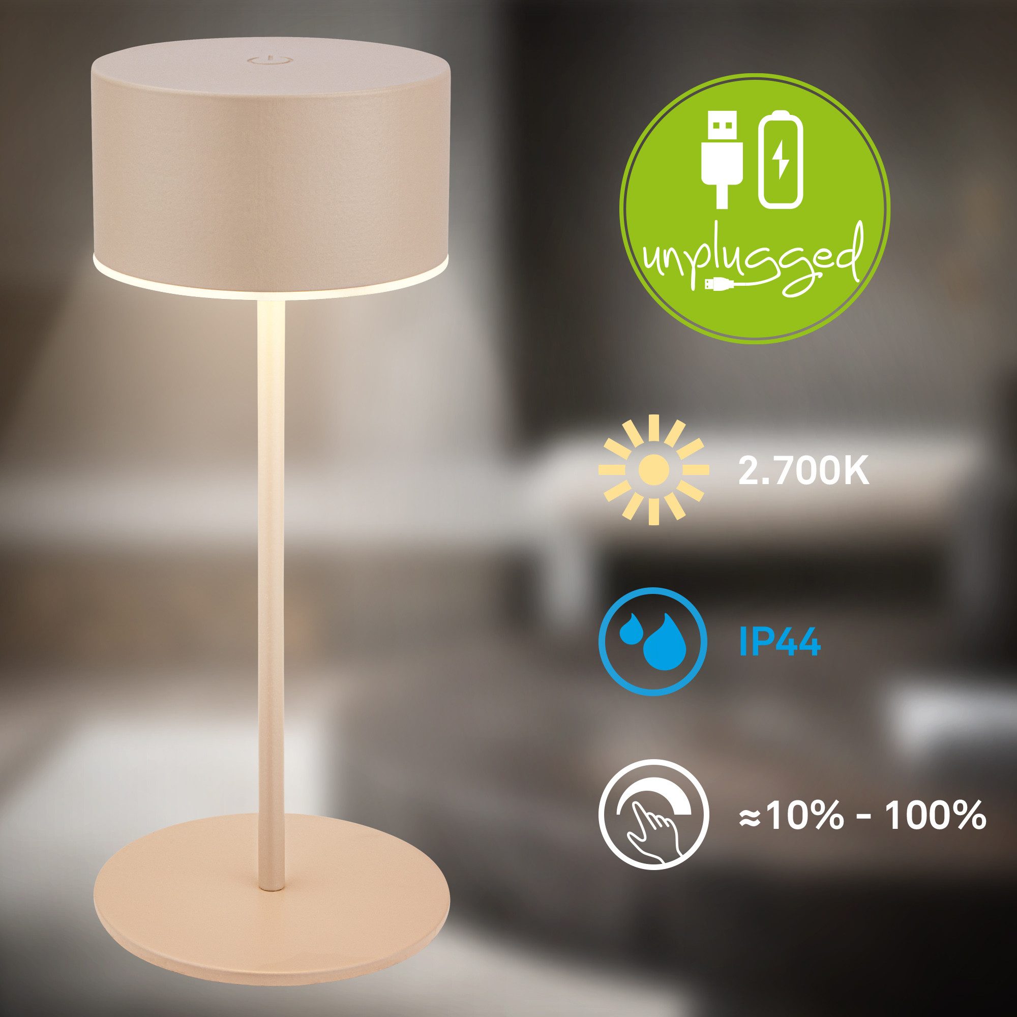 Briloner Leuchten LED Tischleuchte Tischleuchte kabellos Akku dimmbar Touch, LED fest integriert, Warmweiß