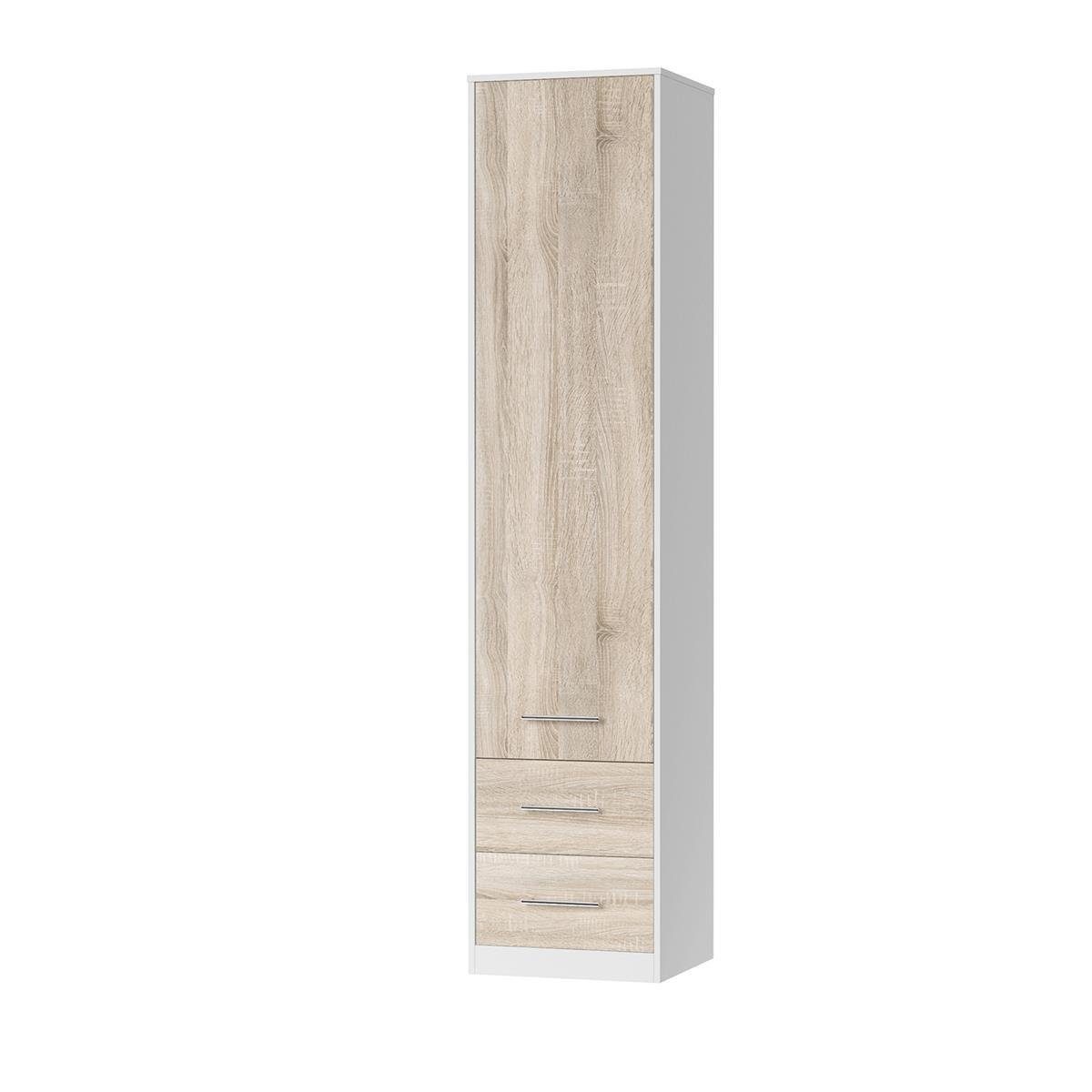 SMARTBett Drehtürenschrank SMARTBett Kleiderschrank 2 Weiss/Eiche Schubladen - Sonoma 50cm