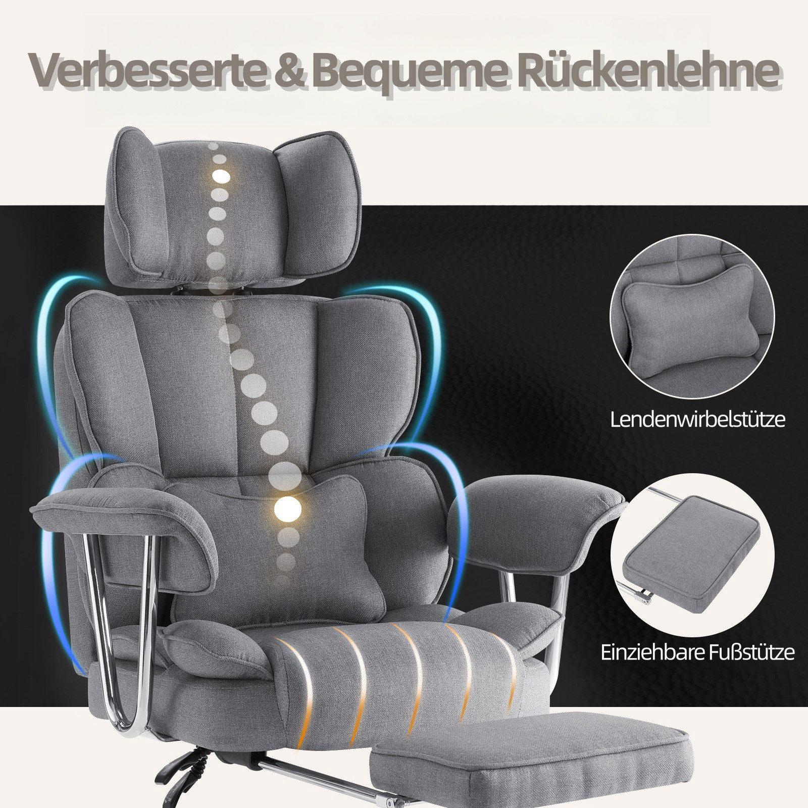 Intimate WM Heart Chefsessel Ergonomischer Bürostuhl, Höhenverstellbar Schreibtischstuhl (Gaming Stuhl mit dickem Kissen), Stoff Drehstuhl mit Kopfstützte und F – Bild 4 von 5
