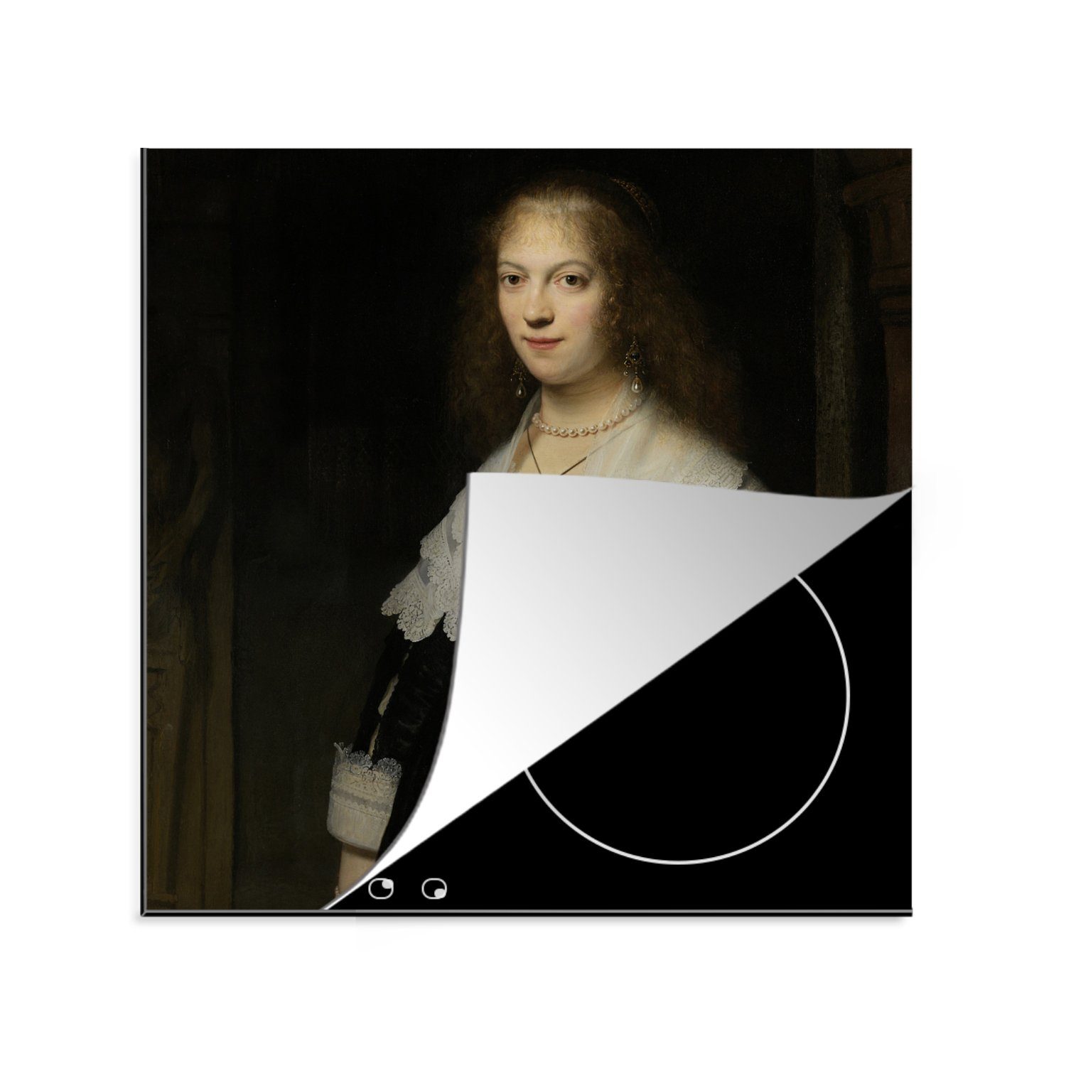 MuchoWow Herdblende-/Abdeckplatte Porträt einer Frau, möglicherweise Maria Trip - Gemälde von Rembrandt, Vinyl, (1 tlg), 78x78 cm, Ceranfeldabdeckung, Arbeitsplatte für küche