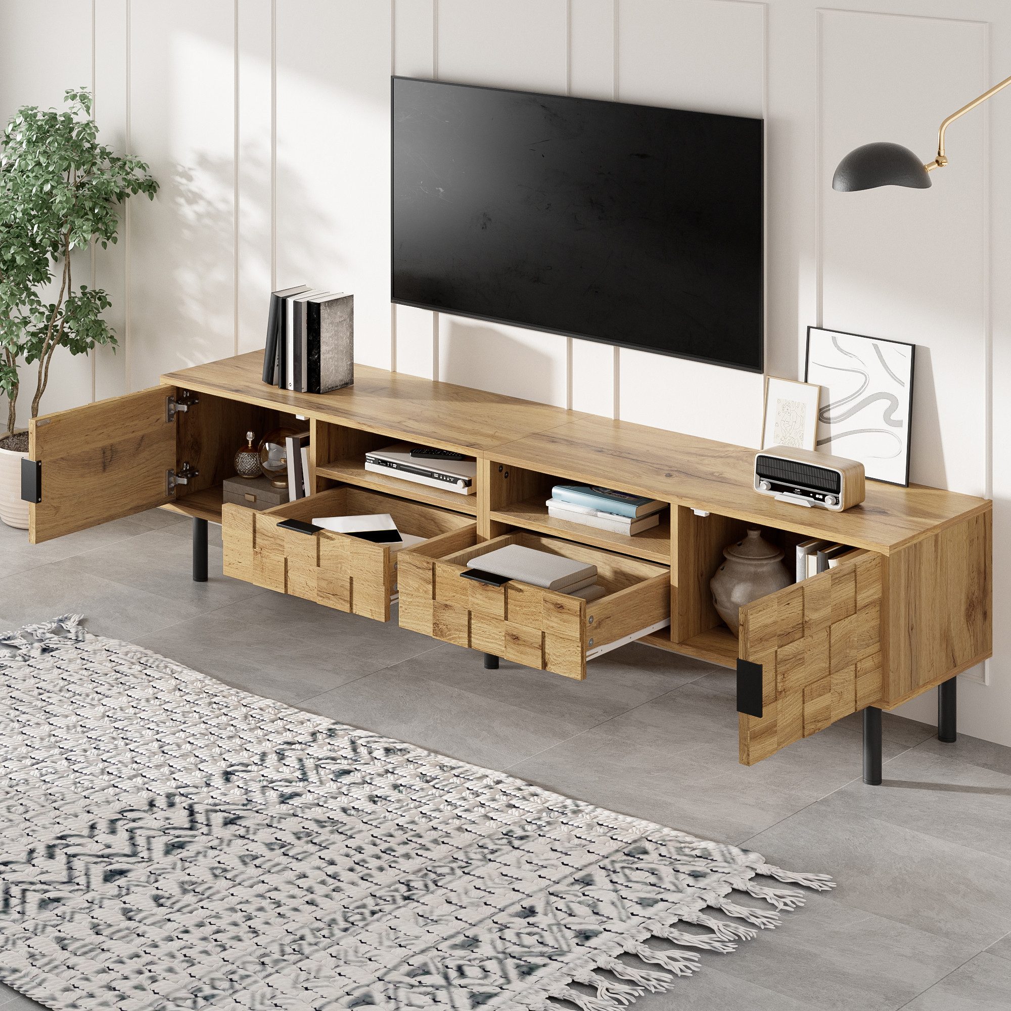Odikalo TV-Bank Lowboard im wohnzimmer (Lange Tischplatte mit MetallFüße, multifunktionalen Stauraum)
