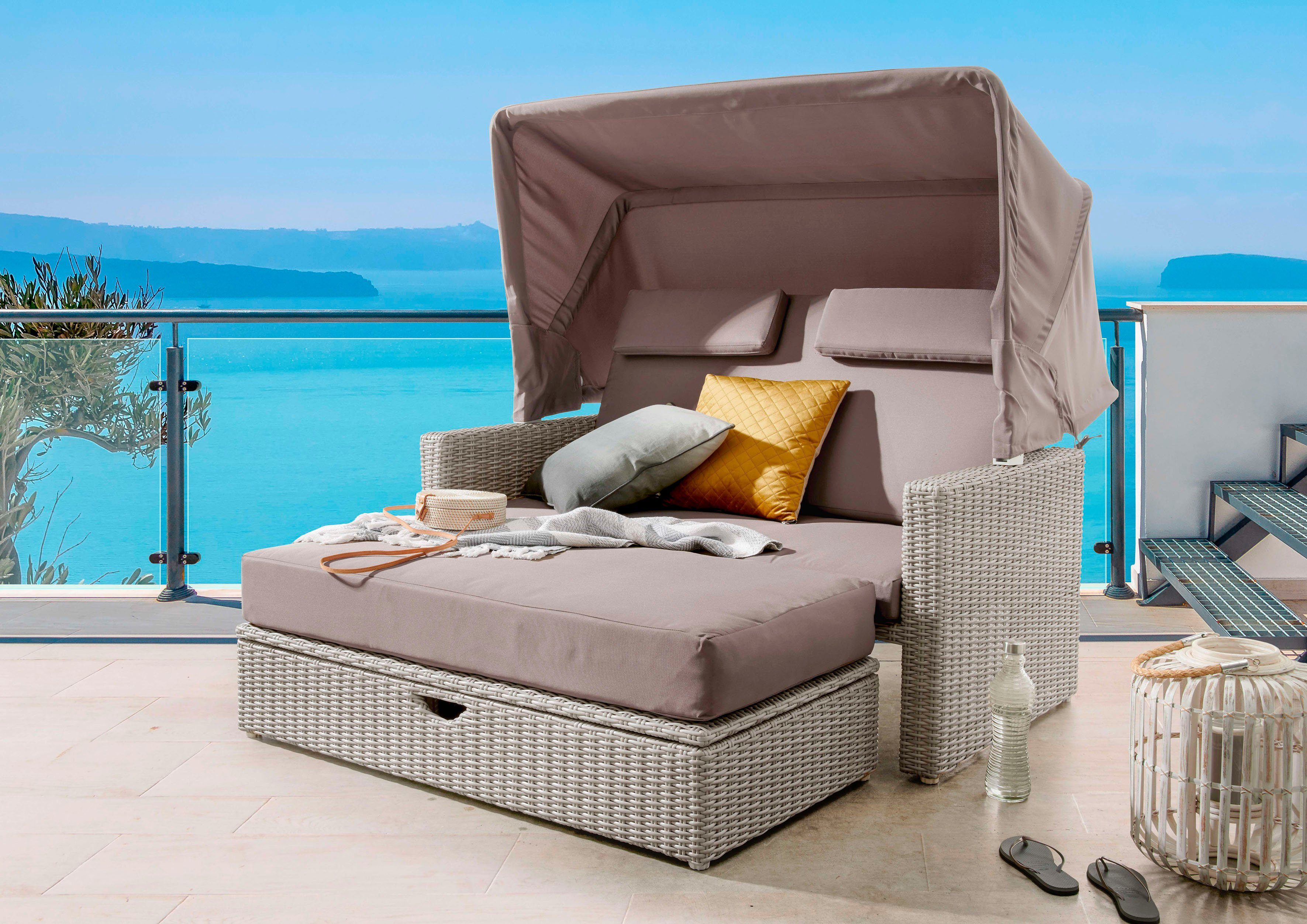 Destiny Gartenlounge-Set FLORENZ, Multifunkt.-Lounge naturweiß,  Polyrattangeflecht, Polster taupe, Wertiges handverarbeitetes hochwertige  Flachgeflecht aus Polyrattan