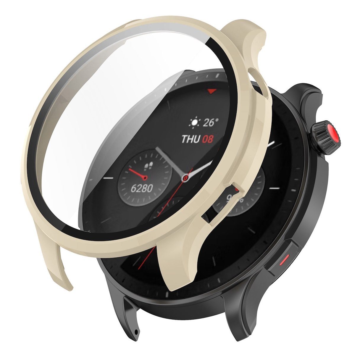 Wigento Smartwatch-Hülle Für Amazfit GTR 4 Schutzhülle PC gehärtetes Glas Creme Hülle Case