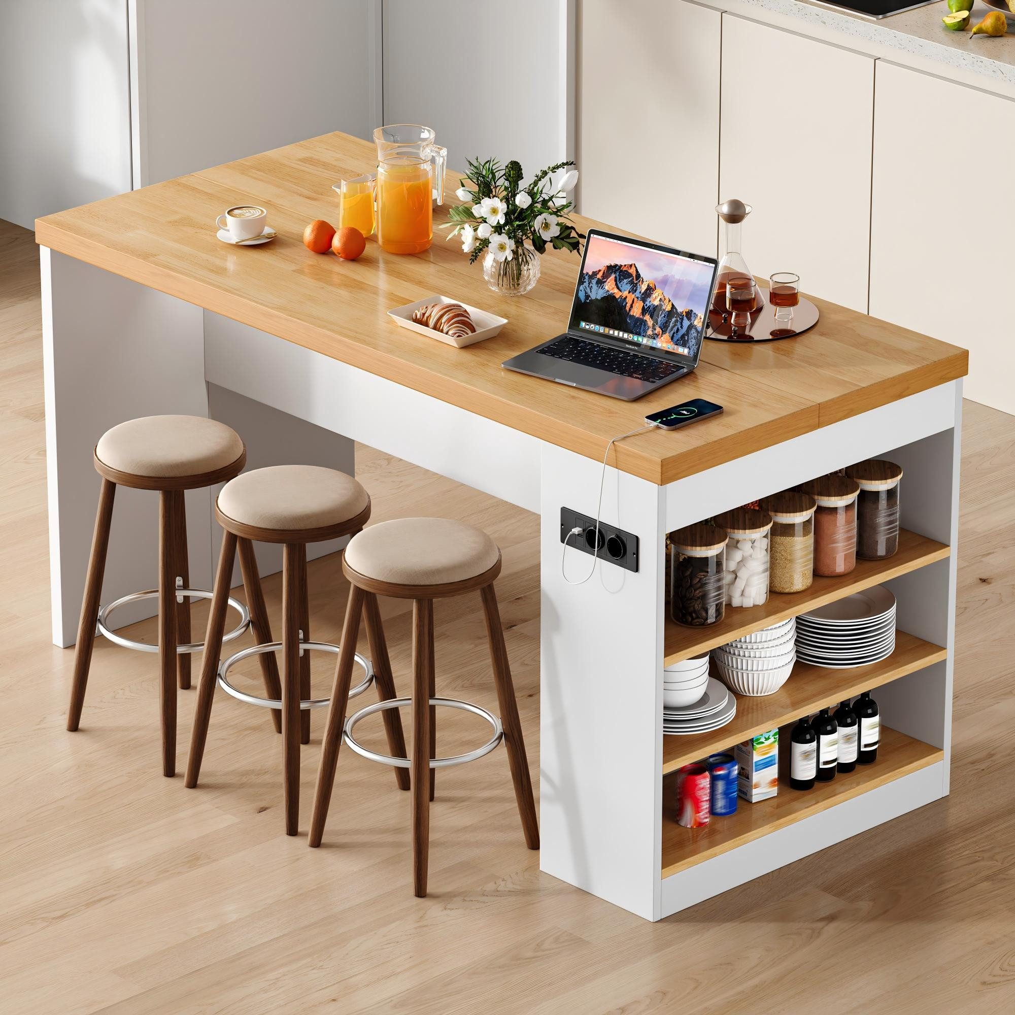 MODFU Kücheninsel mit 40 mm Arbeitsplatte, (LED-Beleuchtung & App-Steuerung, 2AC+2USB Steckdosen und 3 offenen Ablagen – ideal zum Kochen, Backen & Servieren in Küche und Esszimmer für Familien und Hobbyköche)