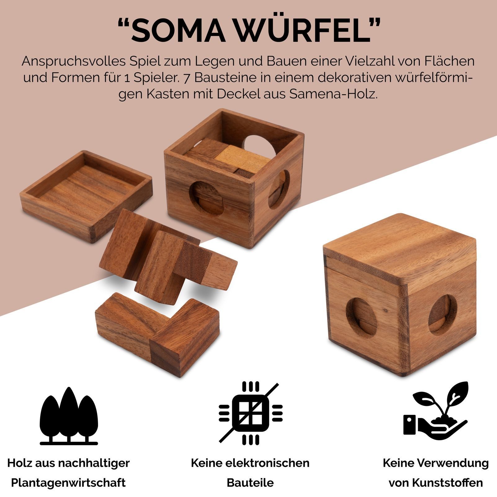 Logoplay Holzspiele Spiel, Soma Würfel Gr. L - 9 cm Kantenlänge - 3D Puzzle - Knobelspiel im HolzkastenHolzspielzeug