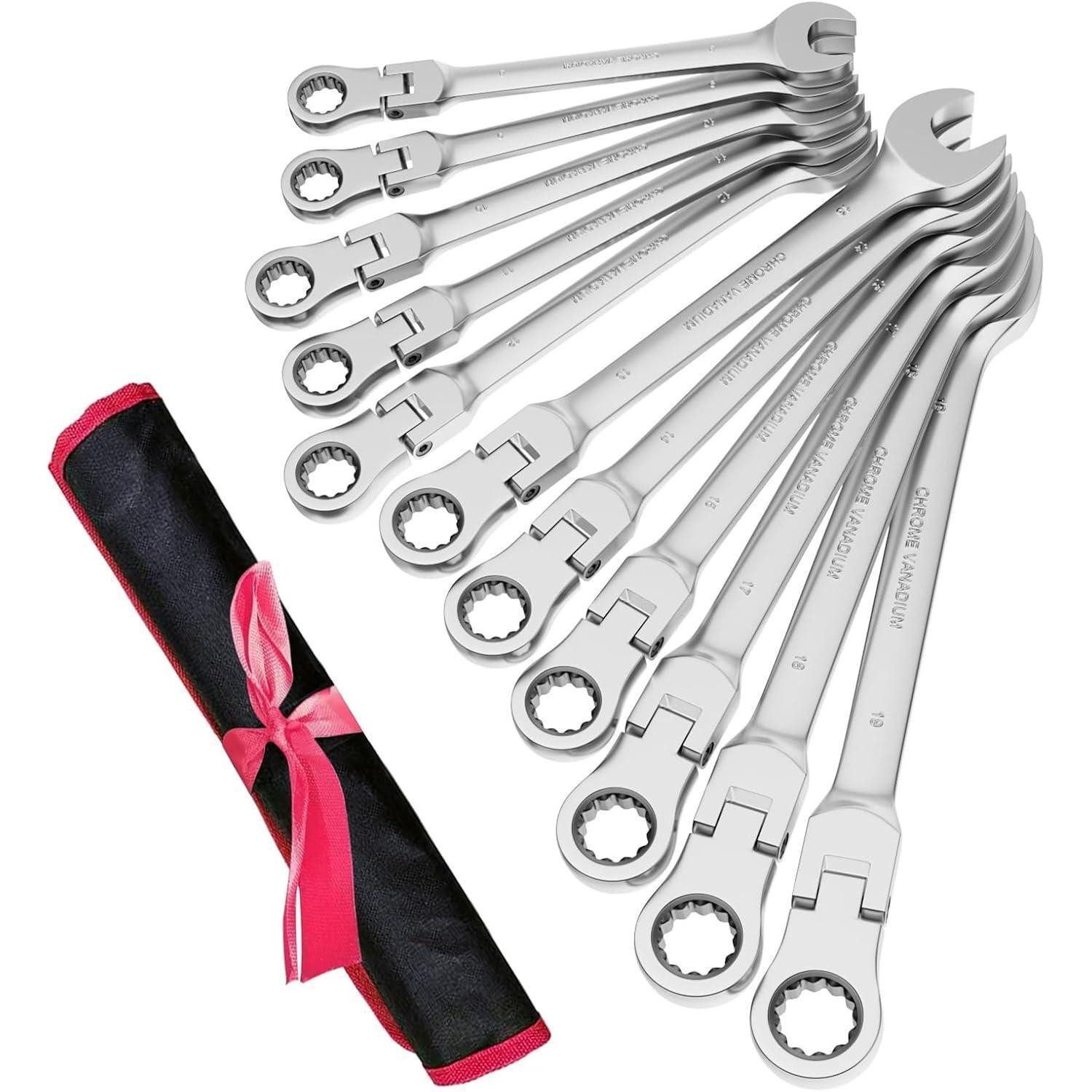 LuxusKollektion Ratschenringschlüssel Gelenk Ratschenschlüssel Set 11tlg 8-19 mm 72 Zähne Rolltasche