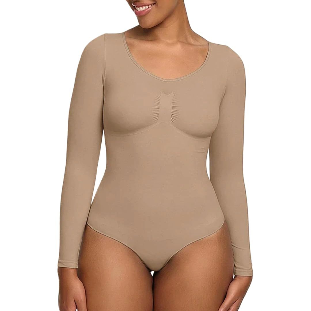 cfab (creamy fabrics) Miederbody Bodysuit Sculpting Shapewear Longsleeve mit String-Beige-4XL (1-tlg) Figurformend