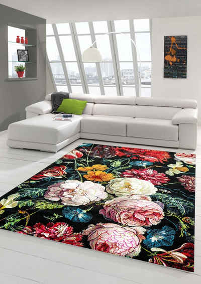 Teppich »Teppich Blumen Wohnzimmer Teppich Blumenstrauß in schwarz creme rot«, Teppich-Traum, rechteckig, Höhe: 13 mm