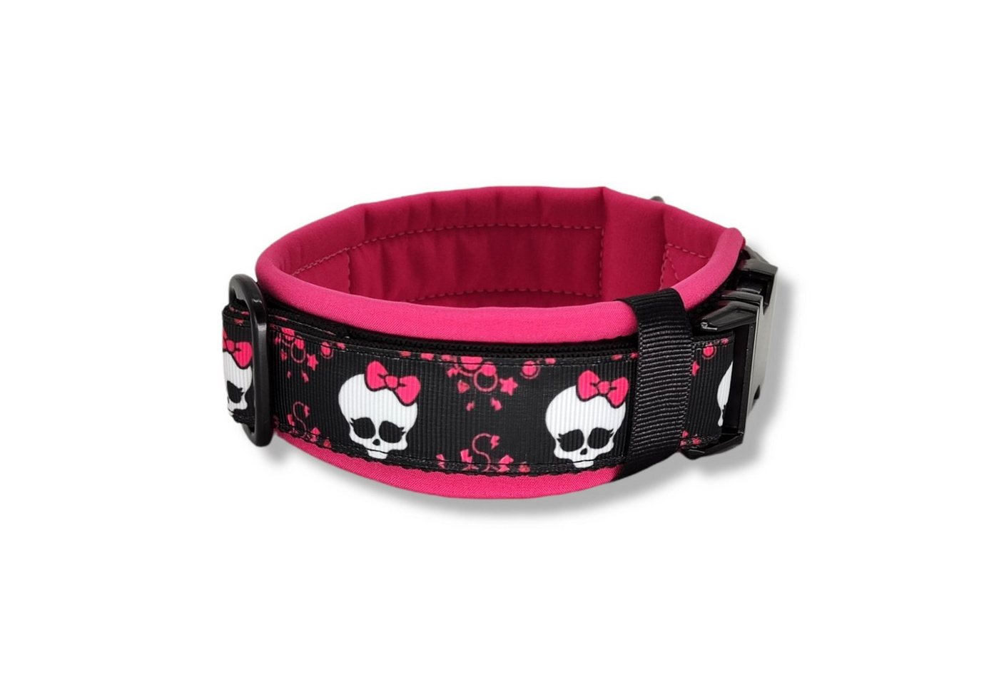 Thumbnail - D by E Couture Hunde-Halsband "Pink Bow Skull I", gepolstert, verstellbar, 40mm breit, Handmade