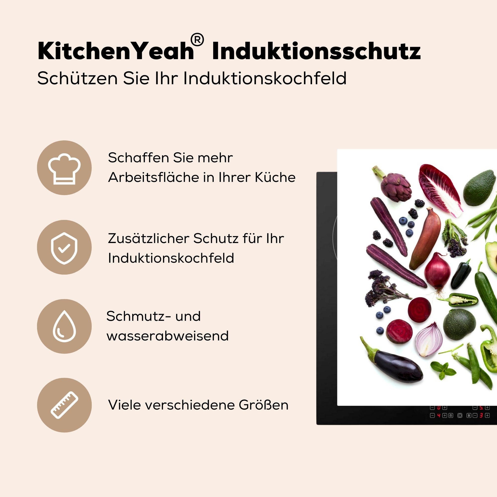 küche für - (1 tlg), Vinyl, Herdblende-/Abdeckplatte cm, Regenbogen, Obst Ceranfeldabdeckung, - Arbeitsplatte MuchoWow Gemüse 83x51