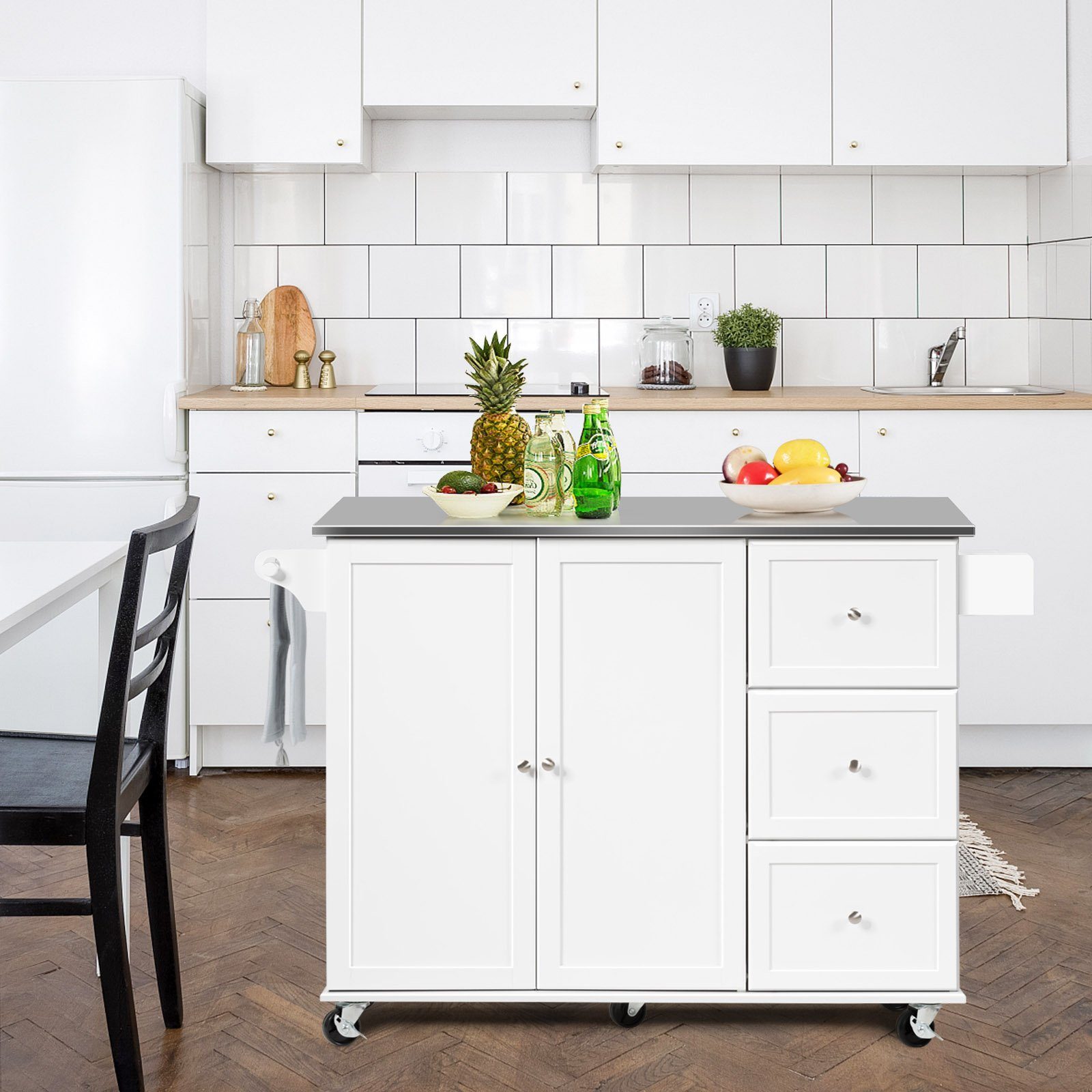 COSTWAY Küchenwagen, mit 3 Schubladen, Arbeitsplatte & verstellbarer Ablage günstig online kaufen