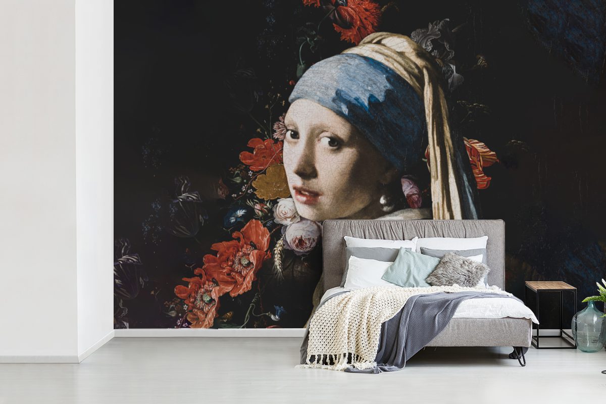 Fototapete Blumen, Tapete dem MuchoWow bedruckt, (6 - Mädchen Kinderzimmer, St), - Schlafzimmer, Matt, Vinyl Das Wohnzimmer, für Perlenohrring Vermeer Wallpaper mit