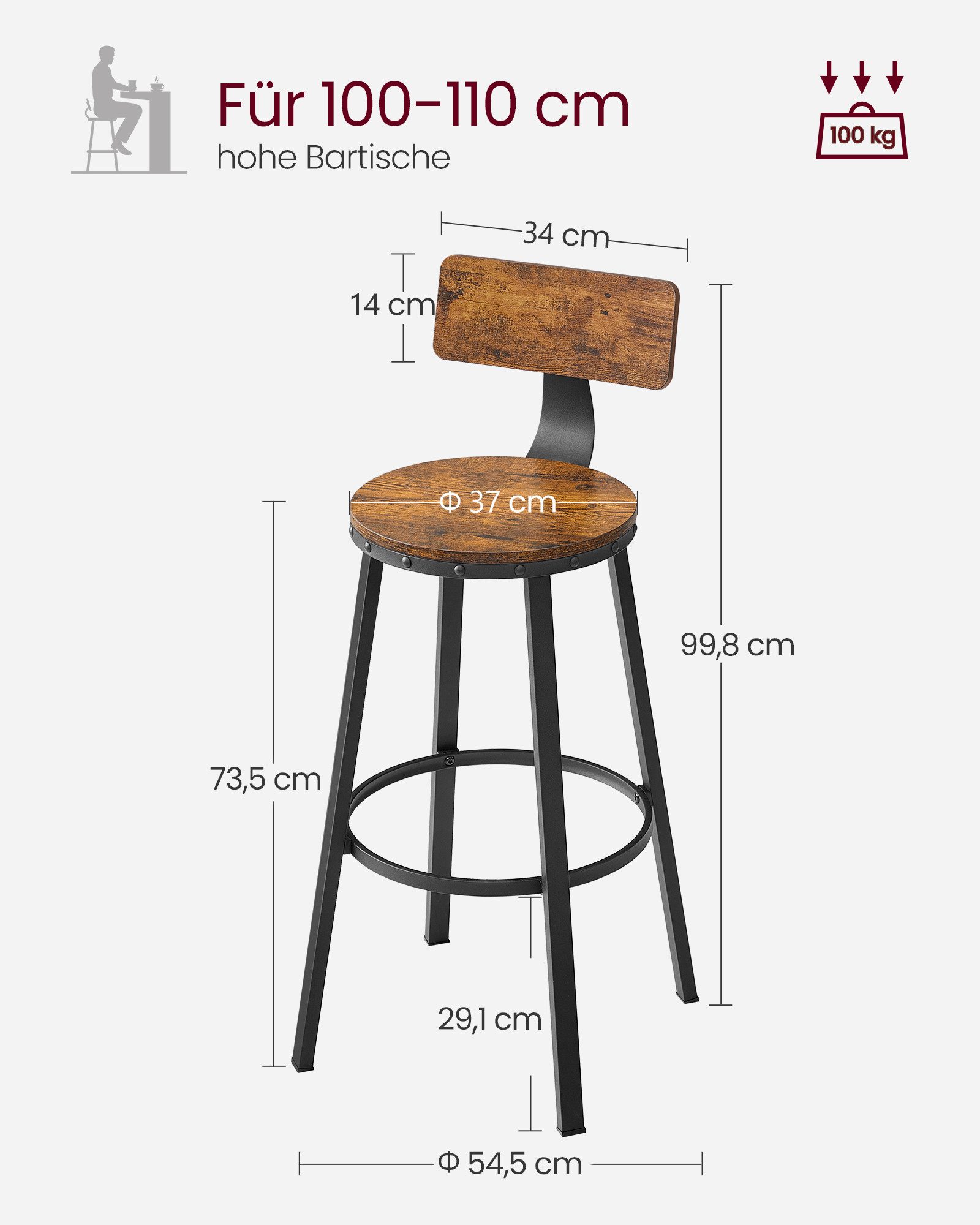 VASAGLE Barhocker Barstühle (Set, 2 St), Barhocker, 2er Set, Barstuhl, Küchenstühle