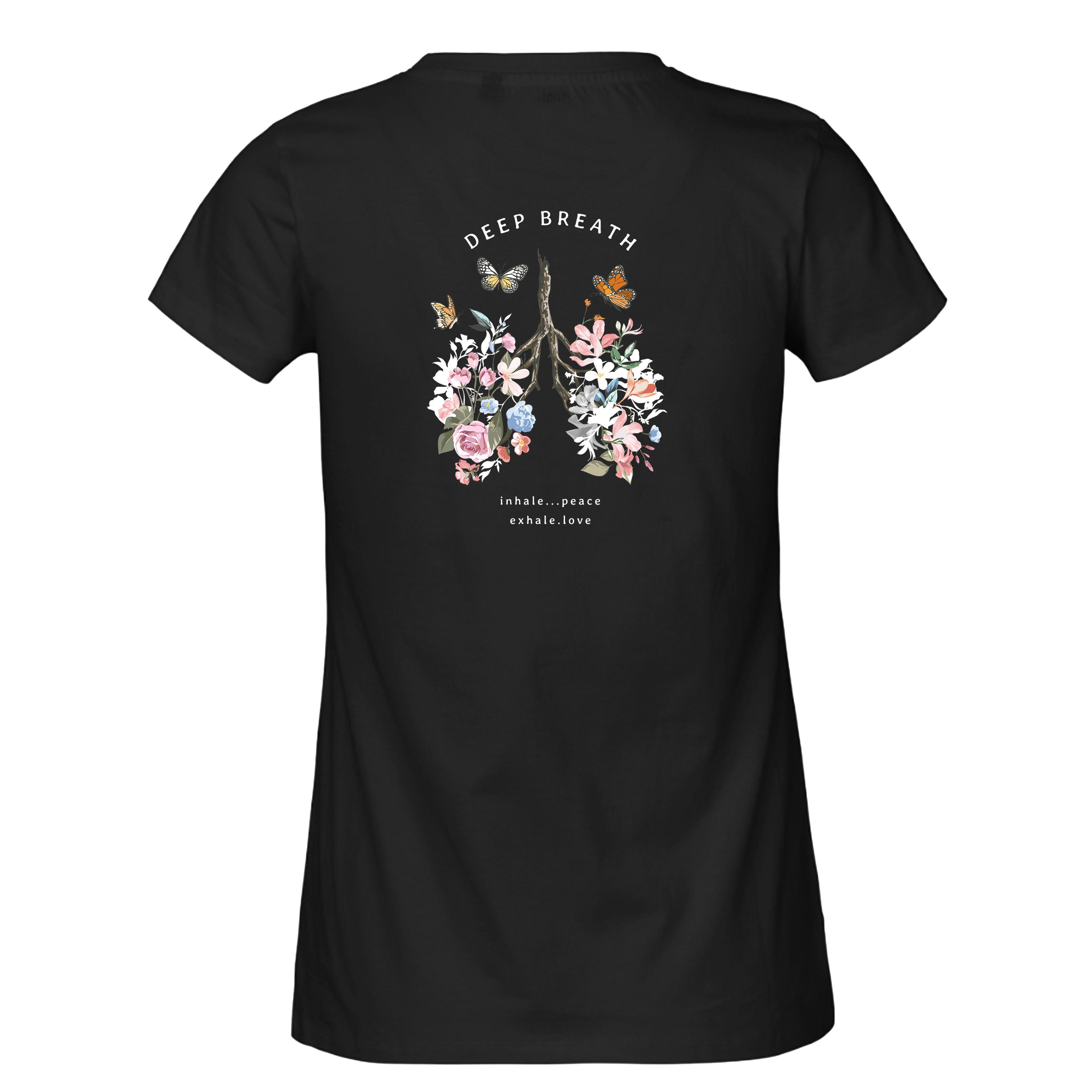 Banco T-Shirt Damen mit Rückendruck „Deep Breath“ – Blumen & Schmetterlinge günstig online kaufen