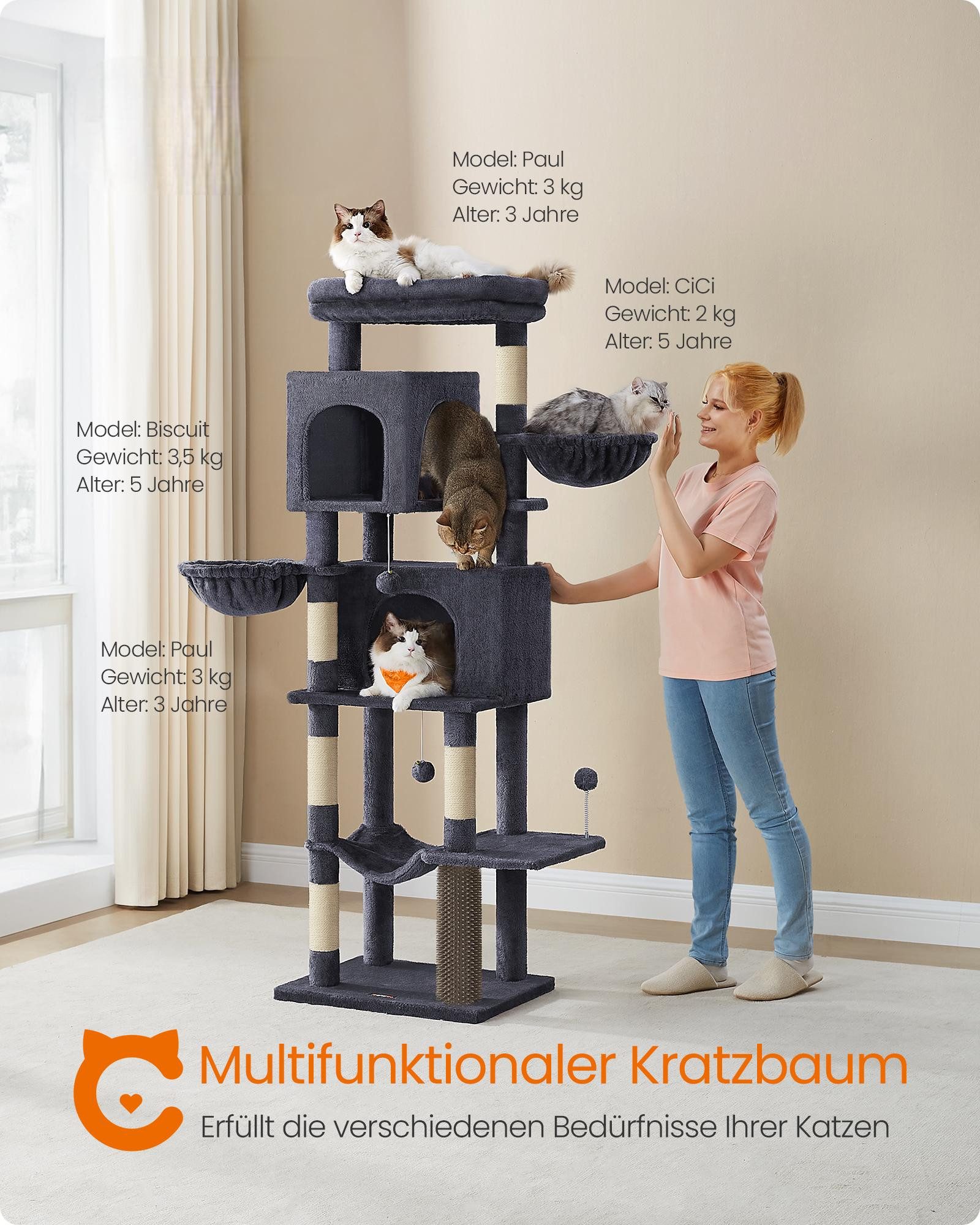 FEANDREA Kratzbaum mehrstöckiger Katzenbaum mit 2 Höhlen, 2 Liegemulden, 5 Kratzsäulen, groß, 174 cm hoch, XL, Katzenbürste, große Plattform