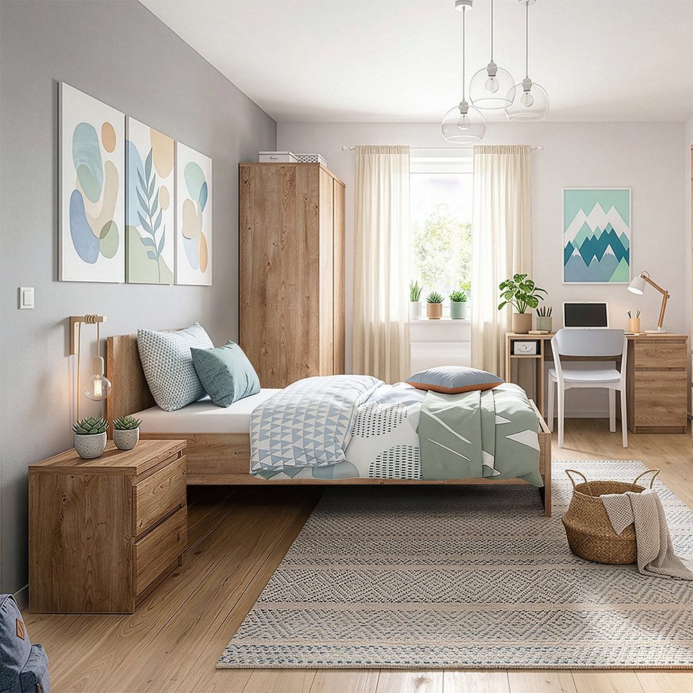Lomadox Jugendzimmer-Set FORTALEZA-129, (Sparset, 4-tlg), mit 90cm Bett, Schreibtisch und Kleiderschrank in Eiche Nb.