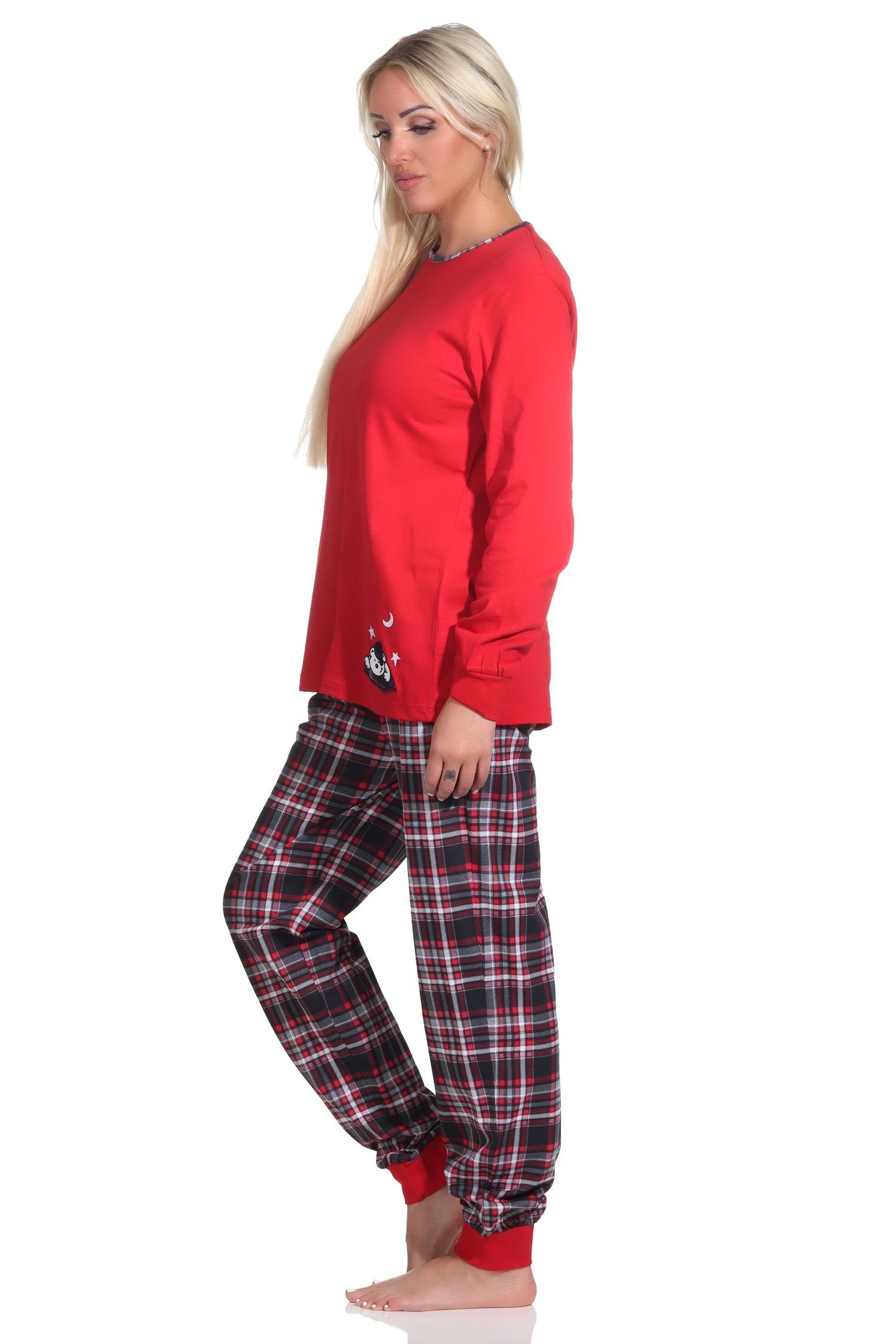 Normann Pyjama mit Schlafanzug Damen und Tiermotiv süßem mit Bündchen rot Karohose