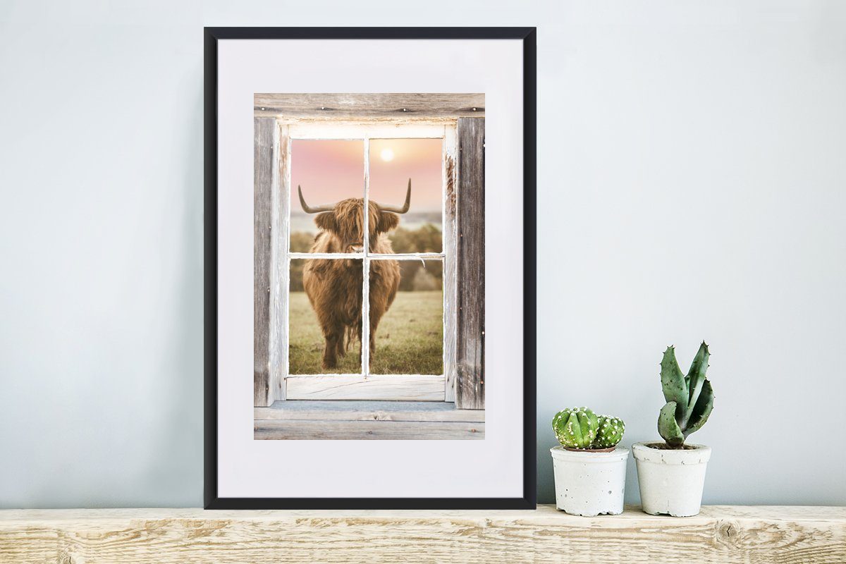 Rahmen, Kunstdruck, Poster, - - MuchoWow Bilderrahmen Highlander Poster Ansicht mit Fenster, Schottischer (1 Schwarzem St), Gerahmtes