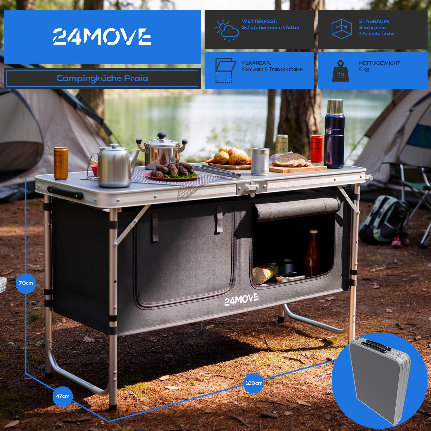 24Move Campingschrank Campingküche PRAIA Outdoorküche Alu (faltbar, höhenverstellbar, tragbar) mit Arbeitsplatte und Staufächern