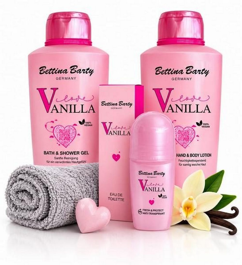 Bettina Barty Pflege-Geschenkset Love Vanilla Geschenkset Duschgel, Bodylotion, EDT, Antitranspirant&WH Geschenkset, Waschhandschuh 100% Baumwolle