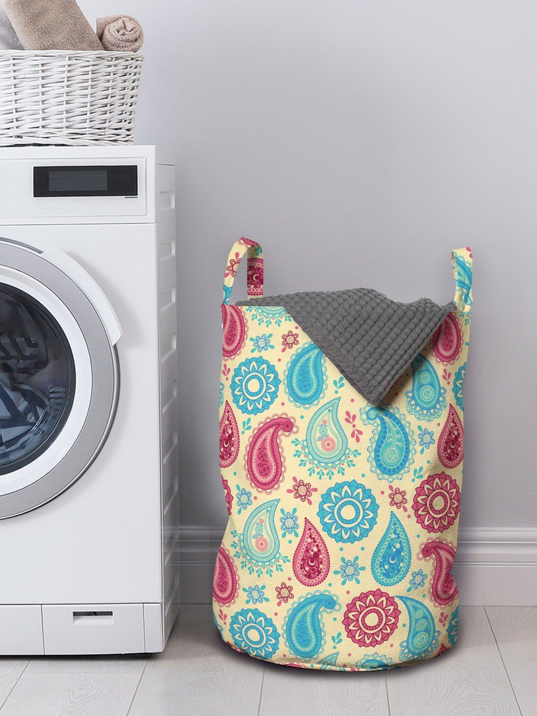 Blumen-Entwurf Wäschekorb Kordelzugverschluss für Waschsalons, Paisley mit Abakuhaus Griffen Wäschesäckchen