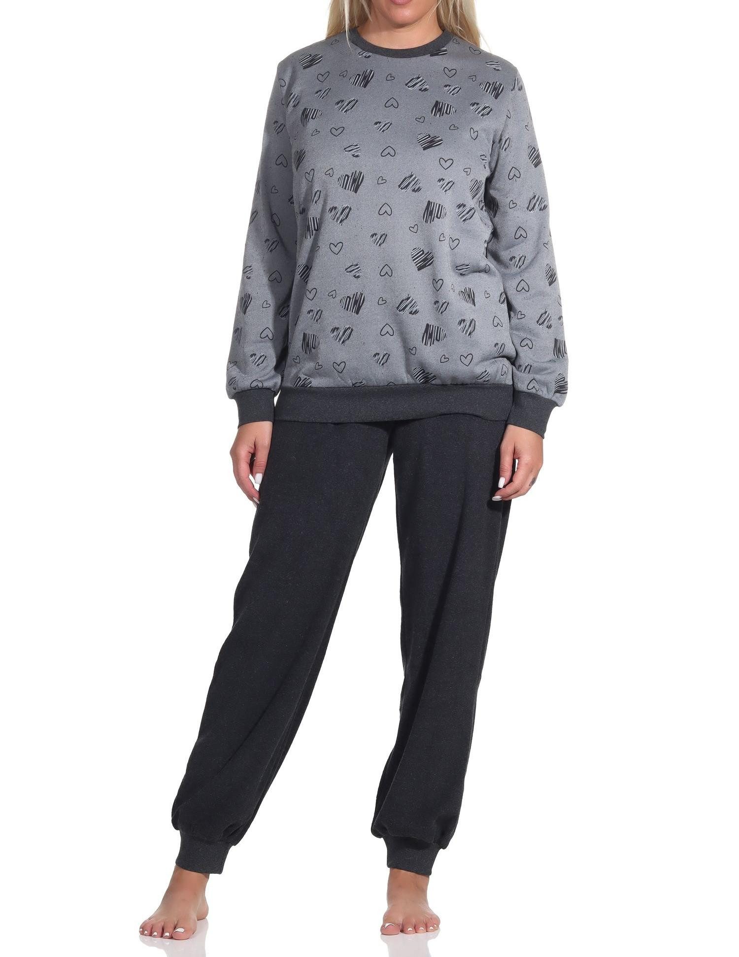 Pyjama Damen Frottee Schlafanzug mit Bündchen Pyjama in Herz Optik