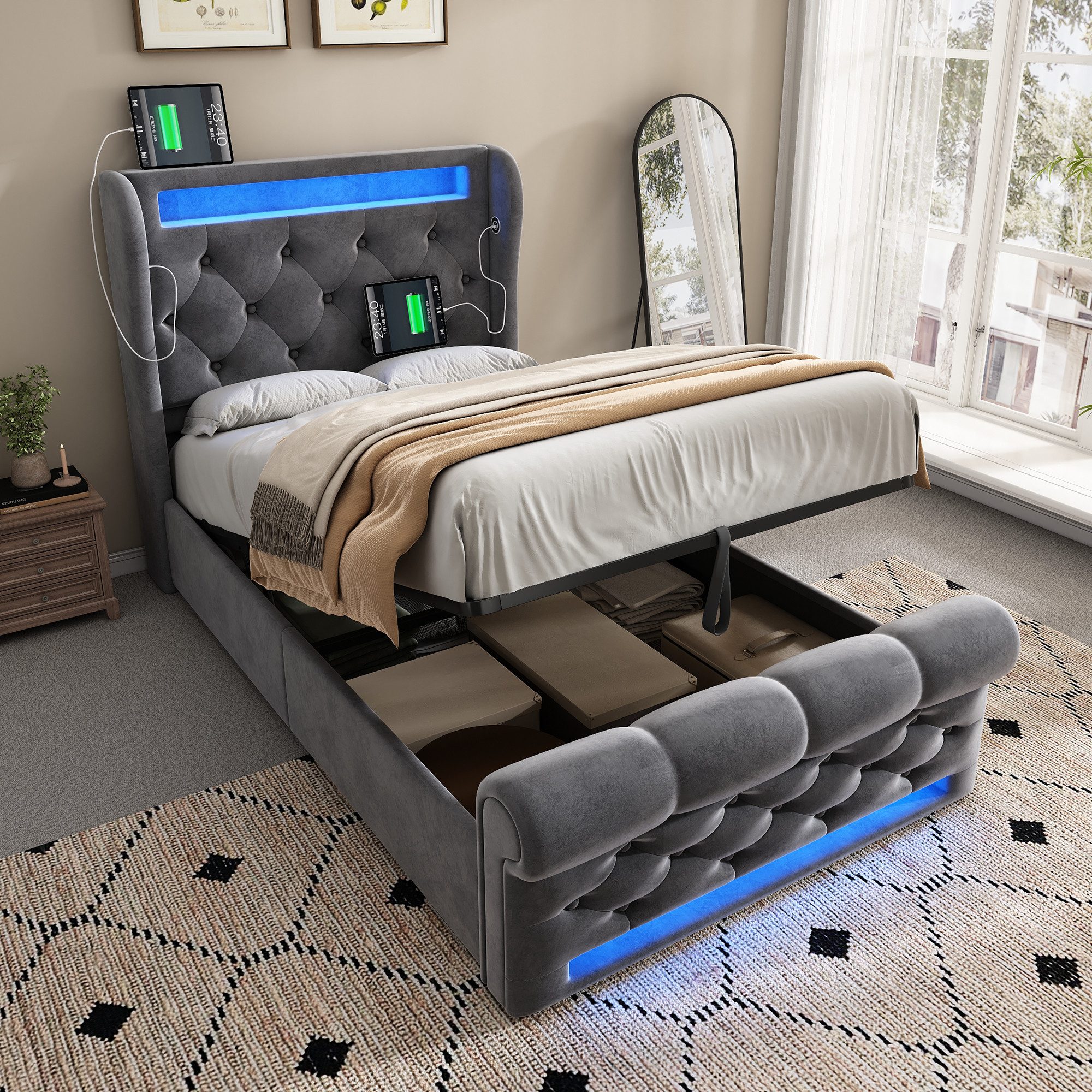 STILVORA Polsterbett 90x200 Einzelbett mit LED,Stauraumkopfteil,USB&TYPE-C, günstig online kaufen