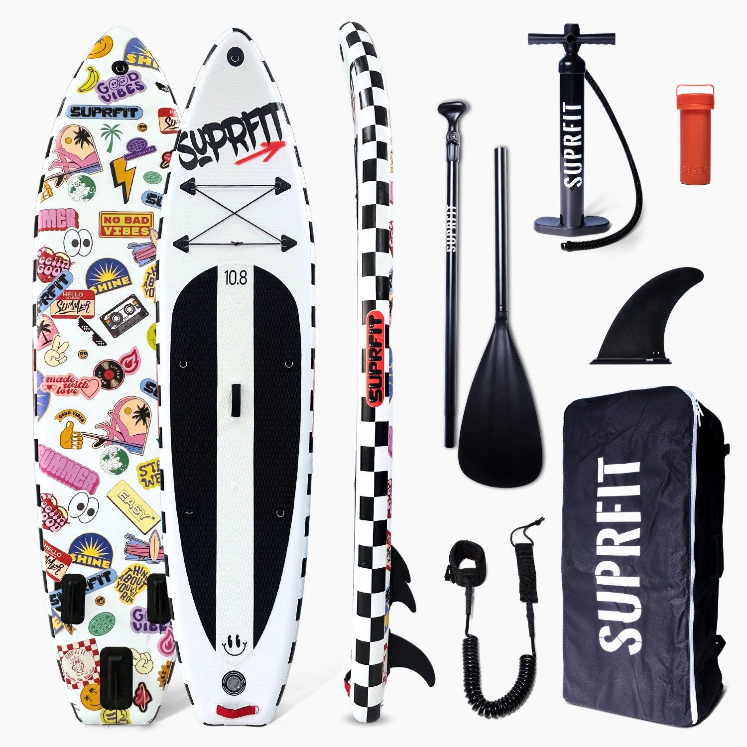 SF SUPRFIT Inflatable SUP-Board Stand-Up Paddling Board Funny Stickers – White, Touring, All in one, Anti-Rutsch Deckpad, belastbares und langlebiges Material