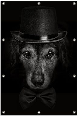 Wallario Sichtschutzzaunmatten Eleganter Hund mit Zylinder in schwarz-weiß, rund
