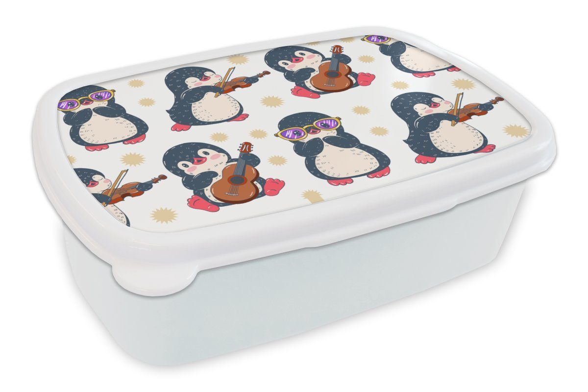 MuchoWow Lunchbox Pinguin - Musik - Gitarre - Kinder - Muster, Kunststoff, (2-tlg), Brotbox für Kinder und Erwachsene, Brotdose, für Jungs und Mädchen weiß