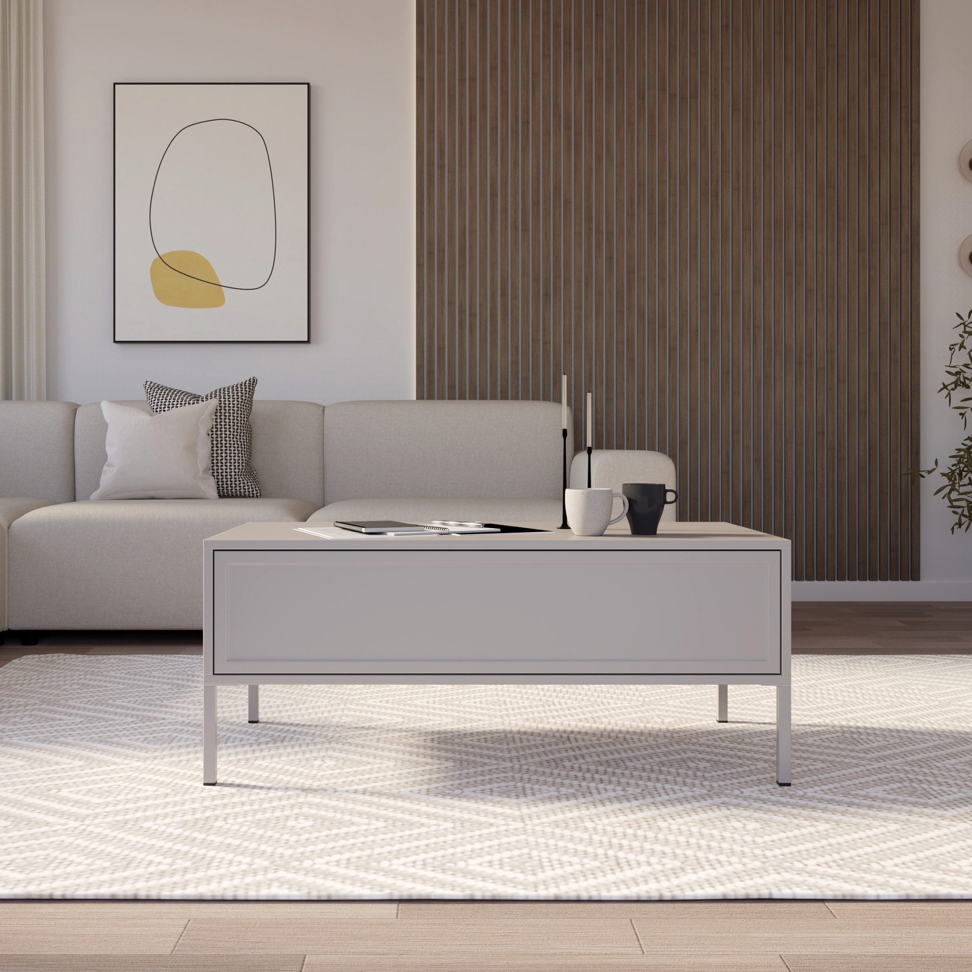 Selsey Couchtisch VELVETO, Couchtisch in Kaschmirgrau, Push-to-Open-Schublade, 100x50 cm