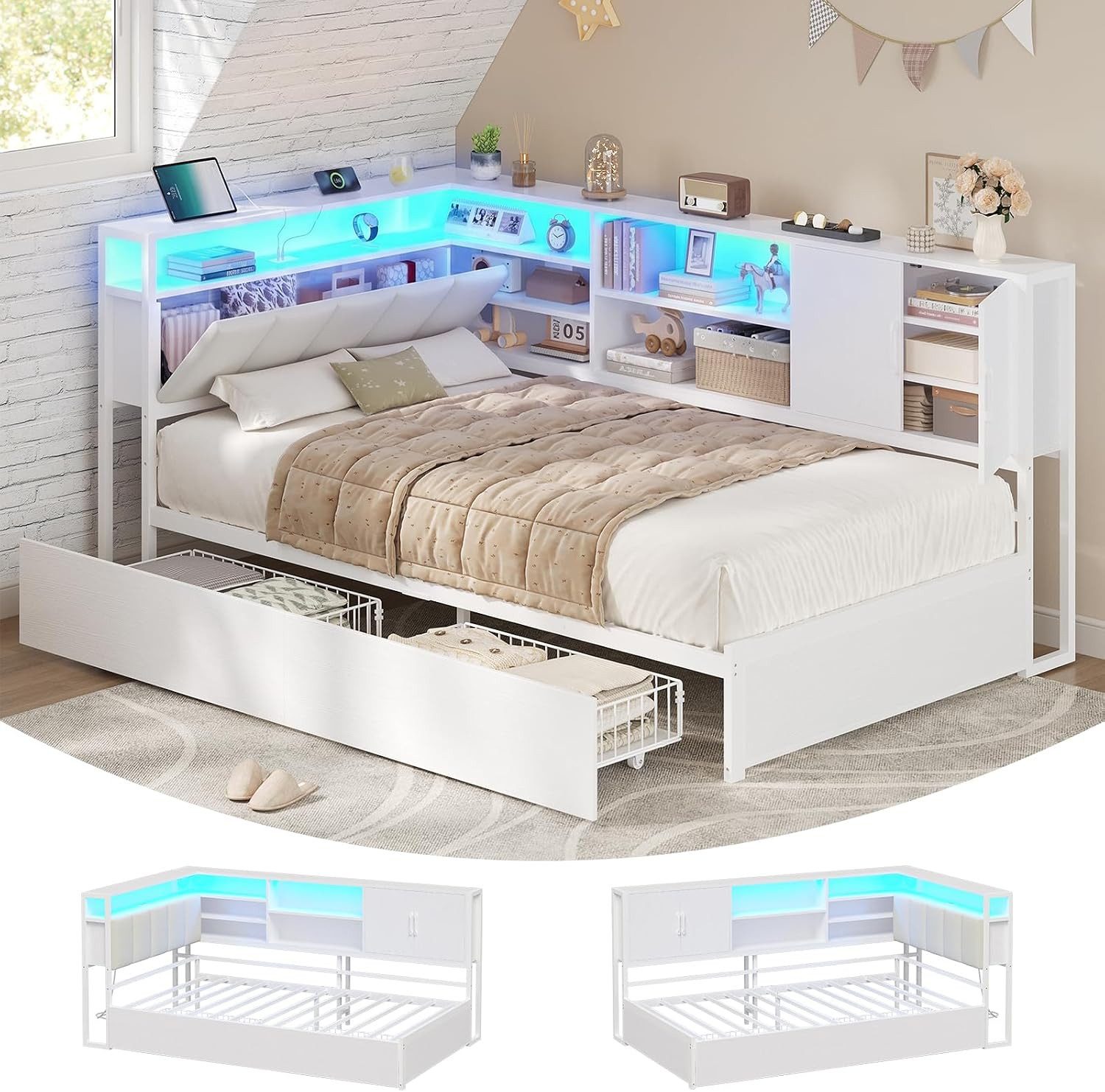 KIMENICH Polsterbett Jugendbett, Schlafsofa mit LED-Beleuchtung und USB-Ladestation (1-tlg., Ohne Matratze), 2 Schublade, Kopfteil mit offenen Regalen, Schrank, 90x190cm