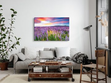 Sinus Art Leinwandbild 120x80cm Wandbild auf Leinwand Lila Blumen Blumenwiese Landschaft Berg, (1 St)