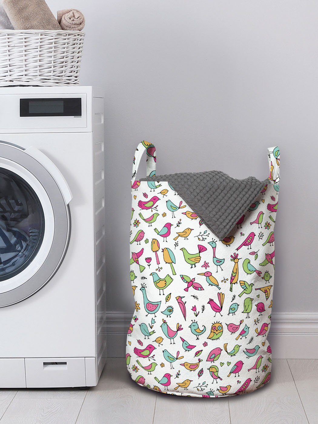Abakuhaus Wäschesäckchen Wäschekorb Waschsalons, Blumen Details Kordelzugverschluss für Griffen Vögel Doodle mit