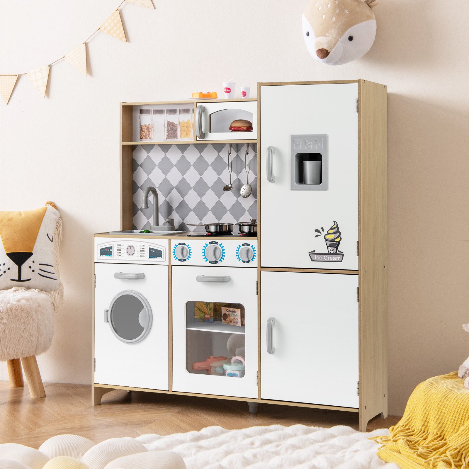 COSTWAY Spielküche Holz, Kinderküche, 91 x 30 x 102 cm