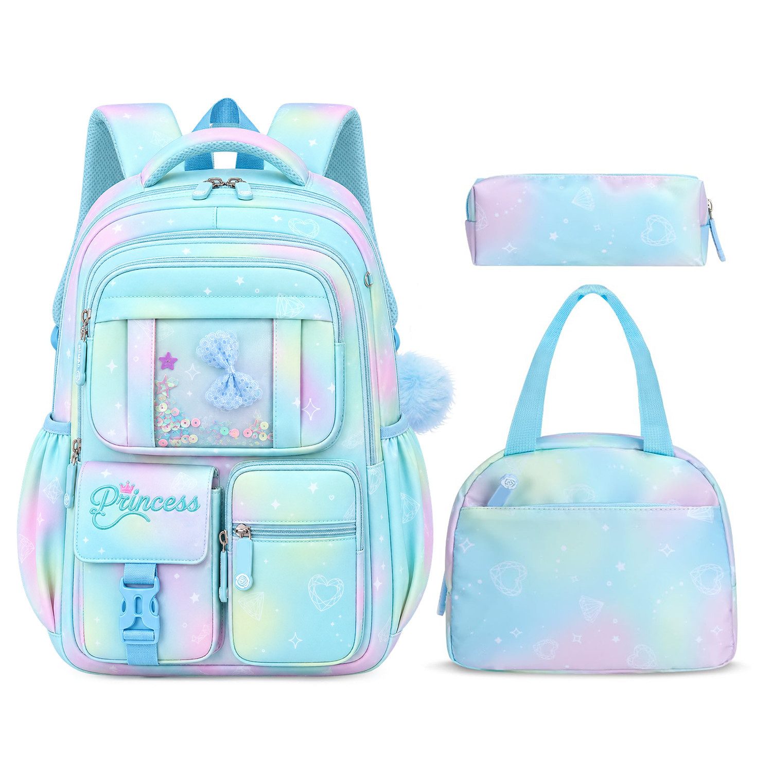 MOPUEA Schulrucksack Schulrucksack großes Fassungsvermögen Teenager Damen Schultasche (Set, 3-tlg., Atmungsaktiv Schulrucksack), 3-teiliges Set mit Schulrucksack & Nachhilfebeutel