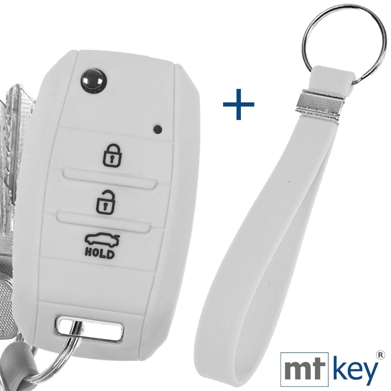 mt-key Schlüsseltasche Autoschlüssel Softcase Silikon Schutzhülle Weiß mit Schlüsselband, für KIA Picantio Rio Ceed Soul Sportage Stonic Carens 3 Tasten