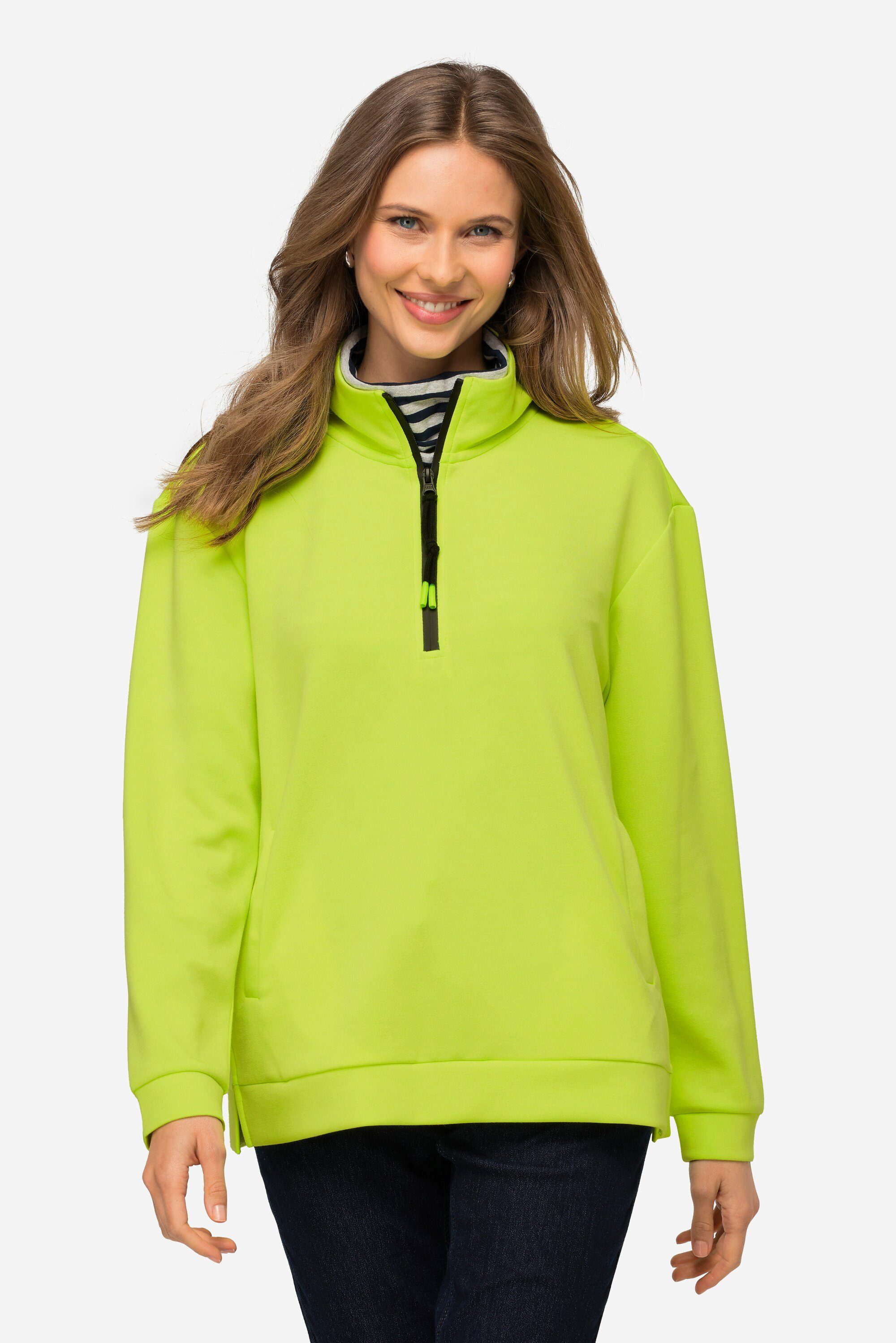 Laurasøn Sweatshirt Sweatshirt Troyerkragen Langarm Seitenschlitze neon gelb