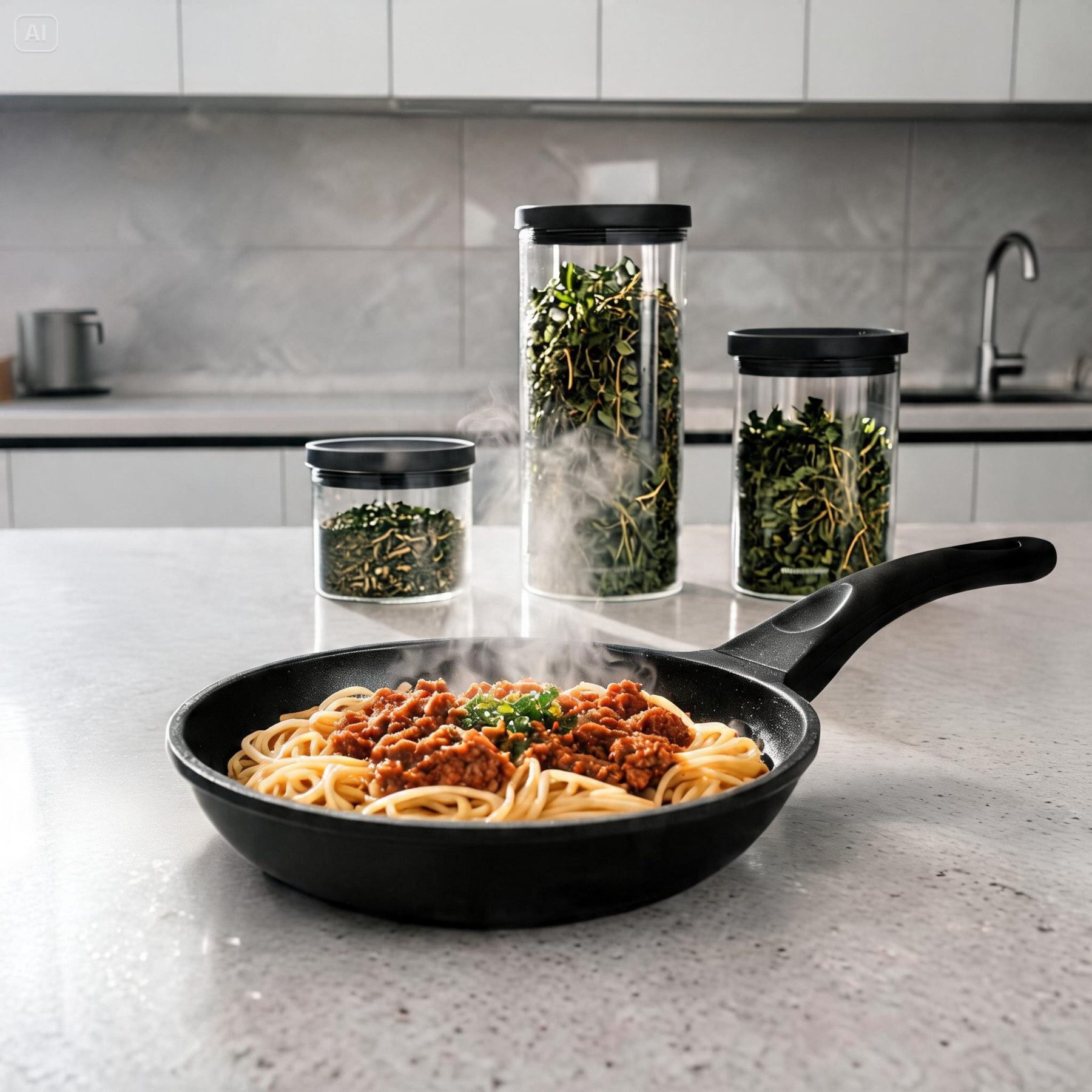 Mulex Bratpfanne TOMALIN Premium 26 cm inklusive KALMAR Meal Cubes Schwarz – aus Glas, Pfanne Aluguss (Premium Qualität, 7-tlg., Tomalinbeschichtung // Meal Cube aus Glas), Induktionsgeeignet