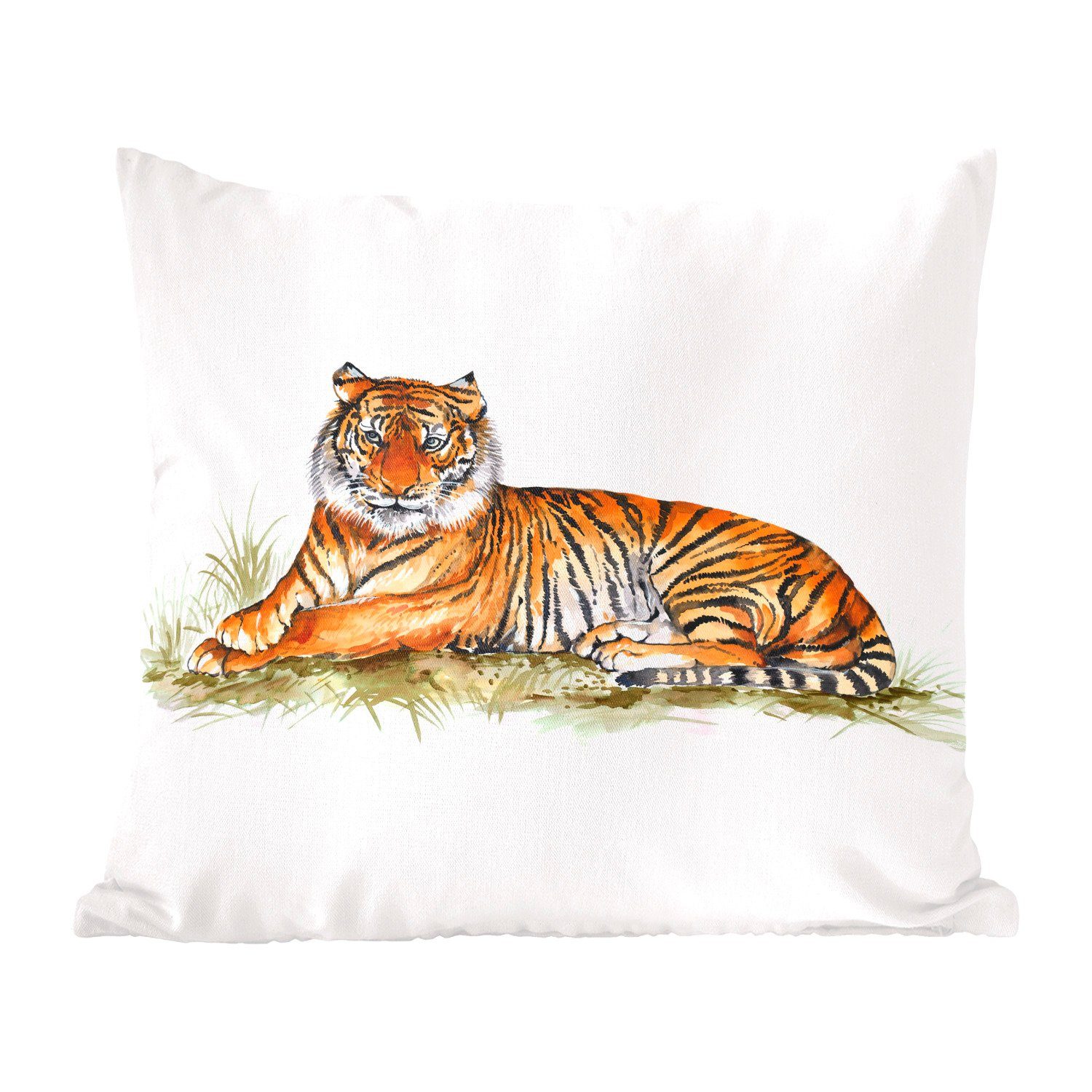 MuchoWow Dekokissen Tiger Wohzimmer, Orange Schlafzimmer, Deko, - Füllung Sofakissen - für mit Gras, Zierkissen