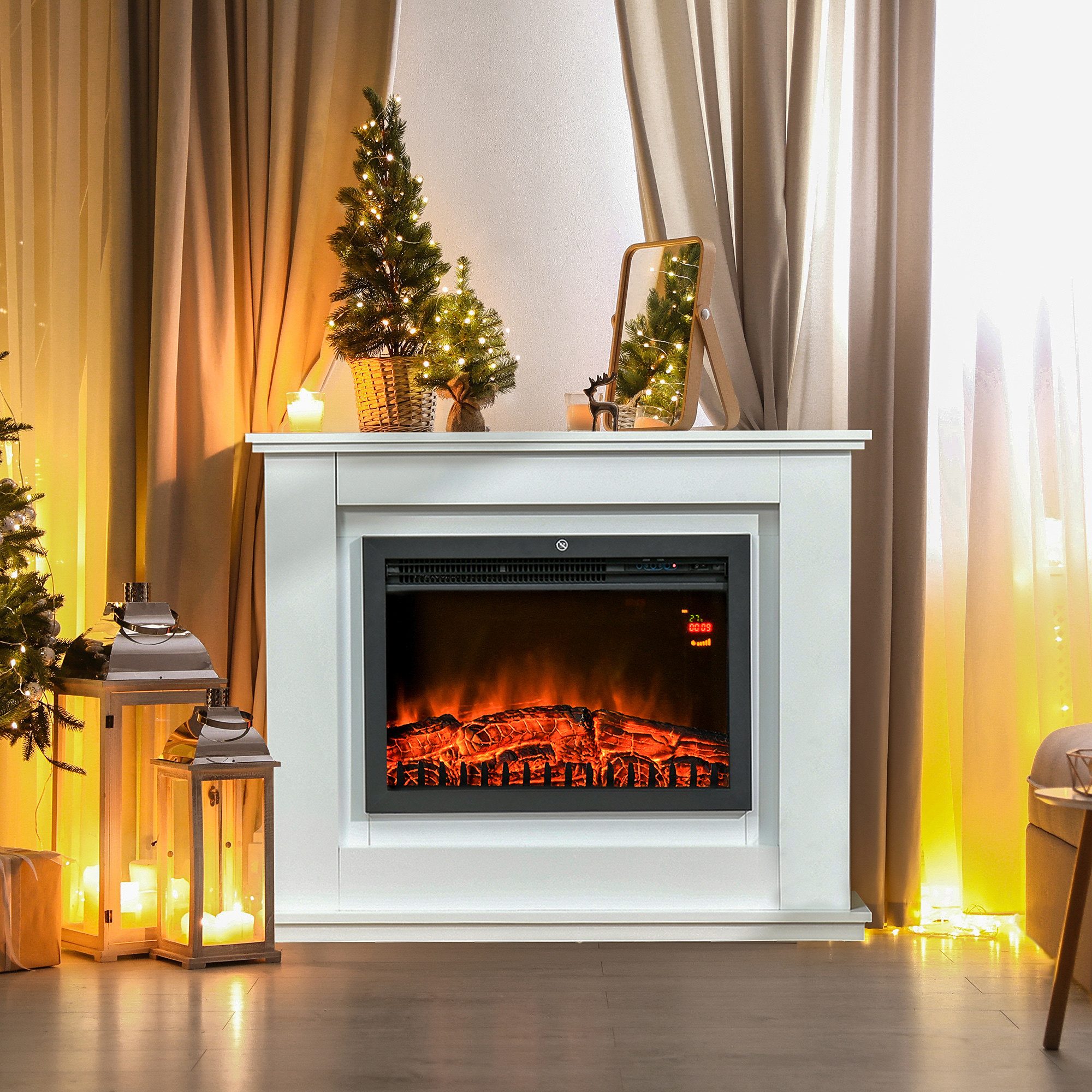 HOMCOM Elektrokamin Elektrischer Standkamin mit Heizung, 2000W Kamin, Fernbedienung, für Wohnzimmer, Schlafzimmer, Weiß