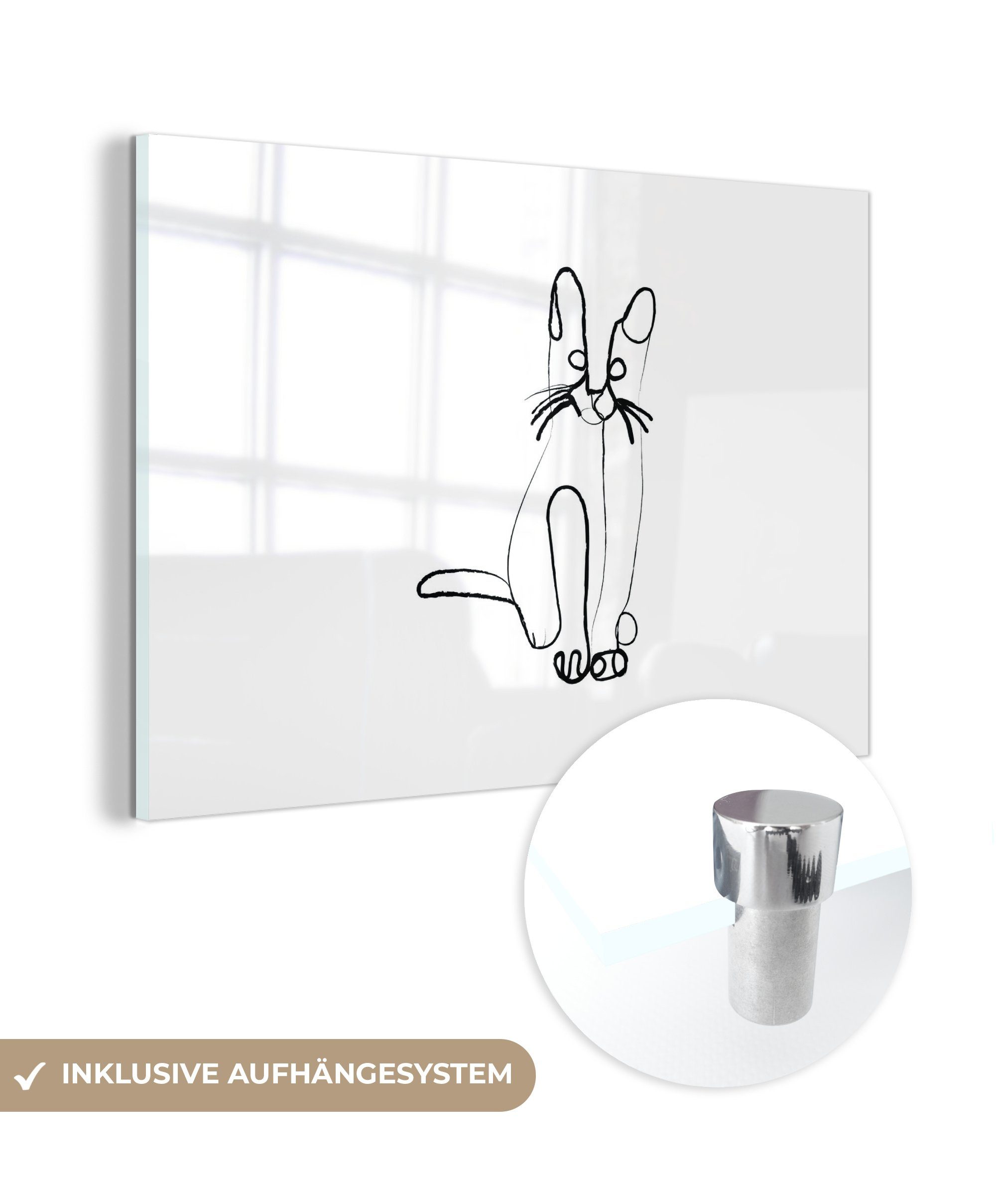 Acrylglasbilder Katze MuchoWow Weiß, Wohnzimmer - Strichzeichnung & Acrylglasbild (1 - Schlafzimmer St),