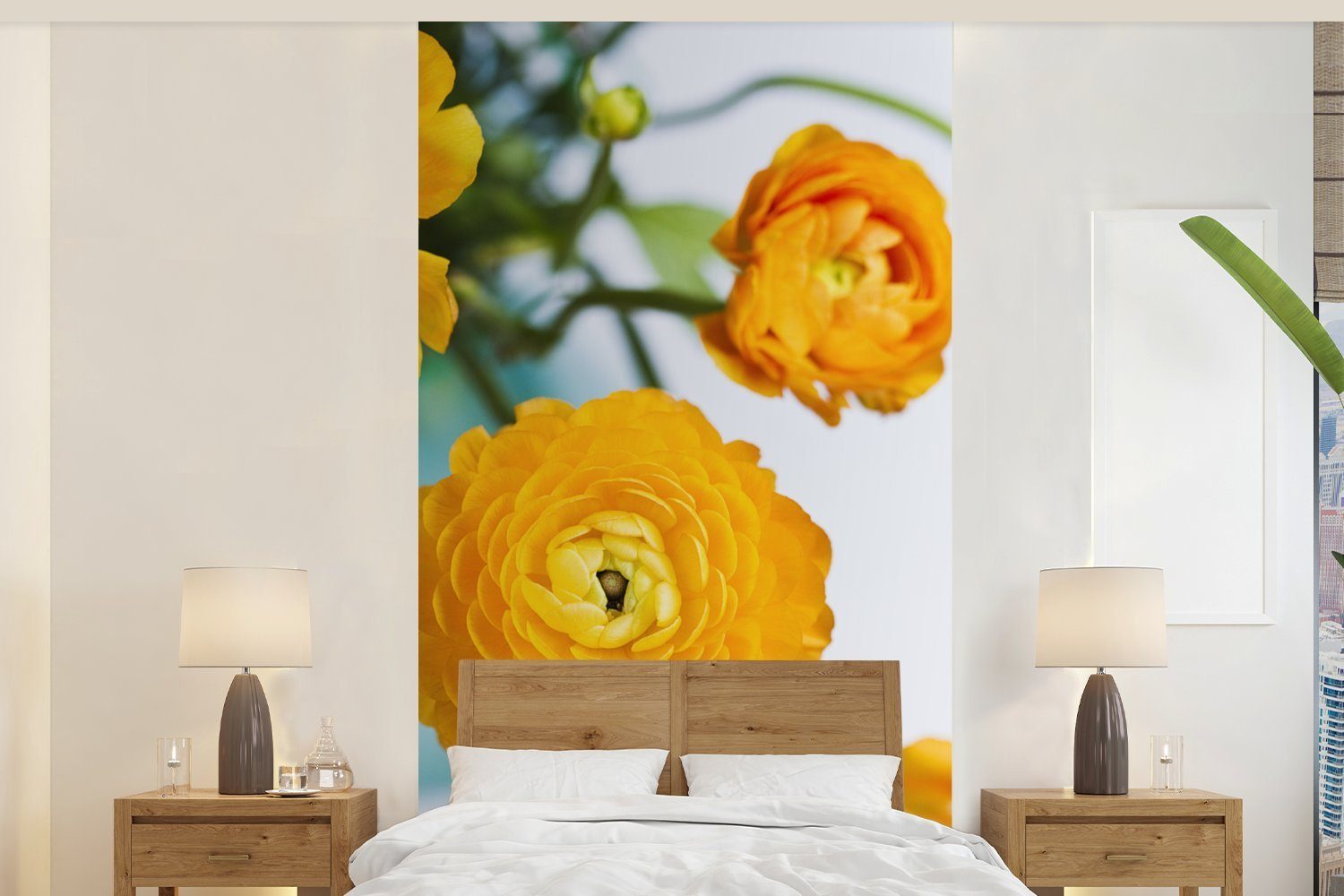 MuchoWow Fototapete Blumen - Draußen - Orange, Matt, bedruckt, (2 St), Vliestapete für Wohnzimmer Schlafzimmer Küche, Fototapete