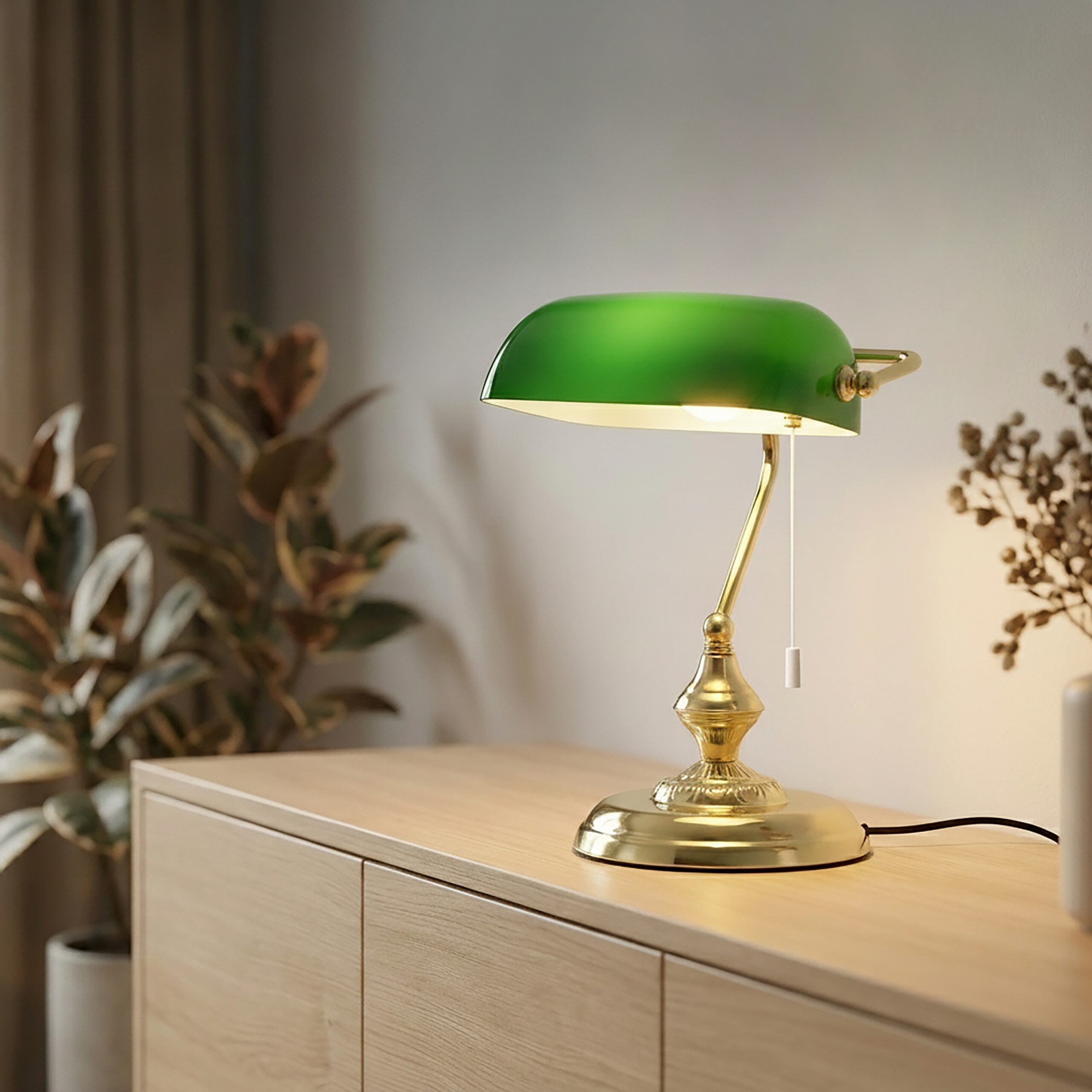 relaxdays Tischleuchte Bankerlampe mit Zugschalter