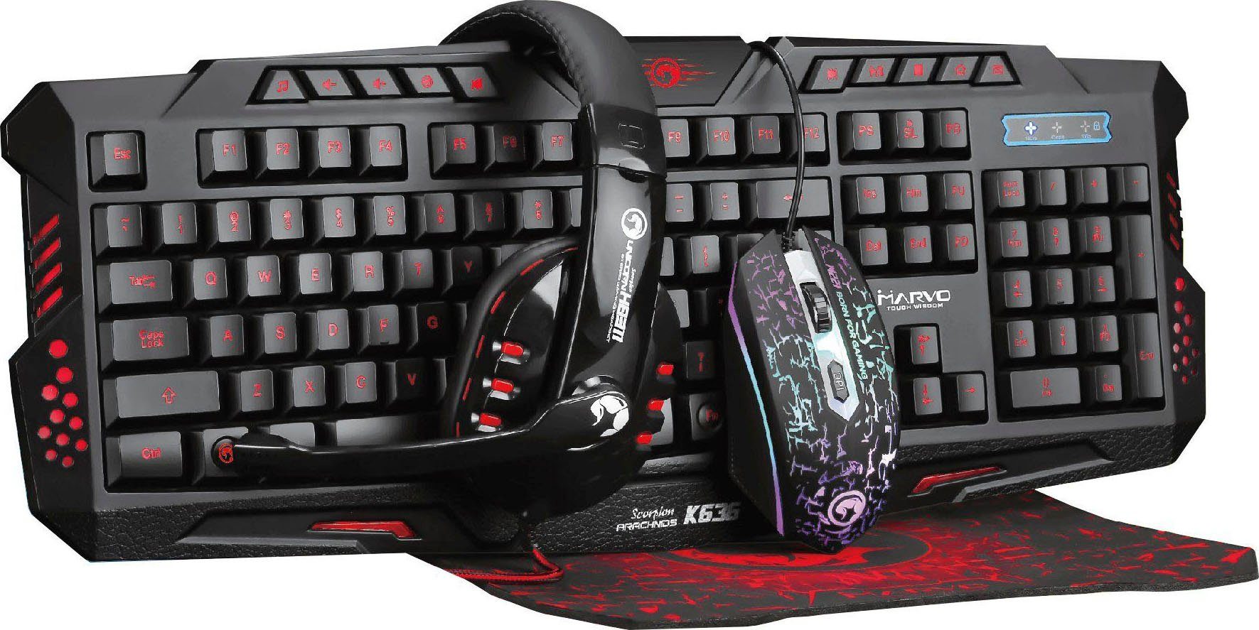 MARVO Marvo 4 in 1 Combo aus Gaming-Tastatur (Gaming-Maus, Mauspad und Headset)