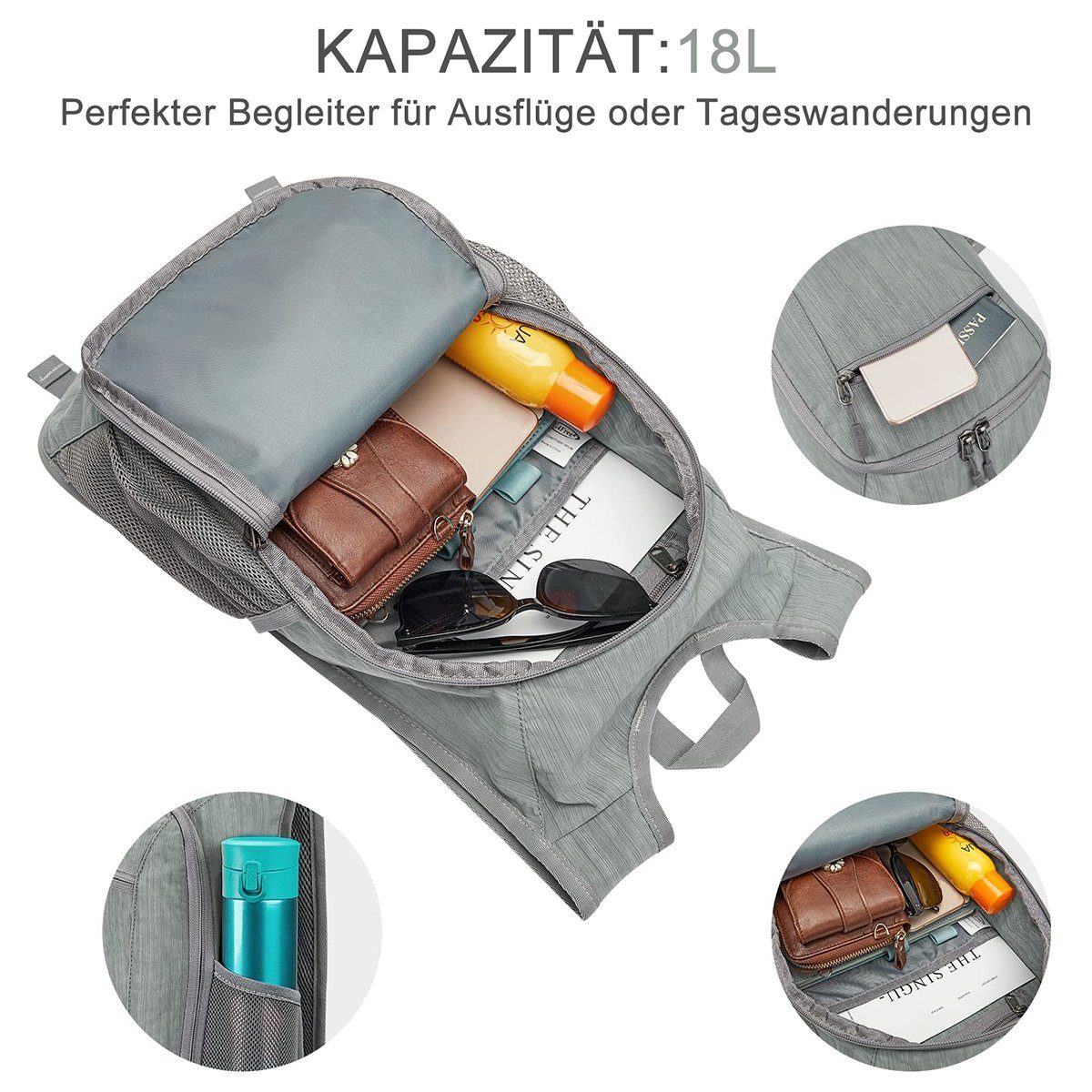 Faltbare G4Free 15L Kleine Outdoor Reise Grau Umhängetasche Wanderrucksack,