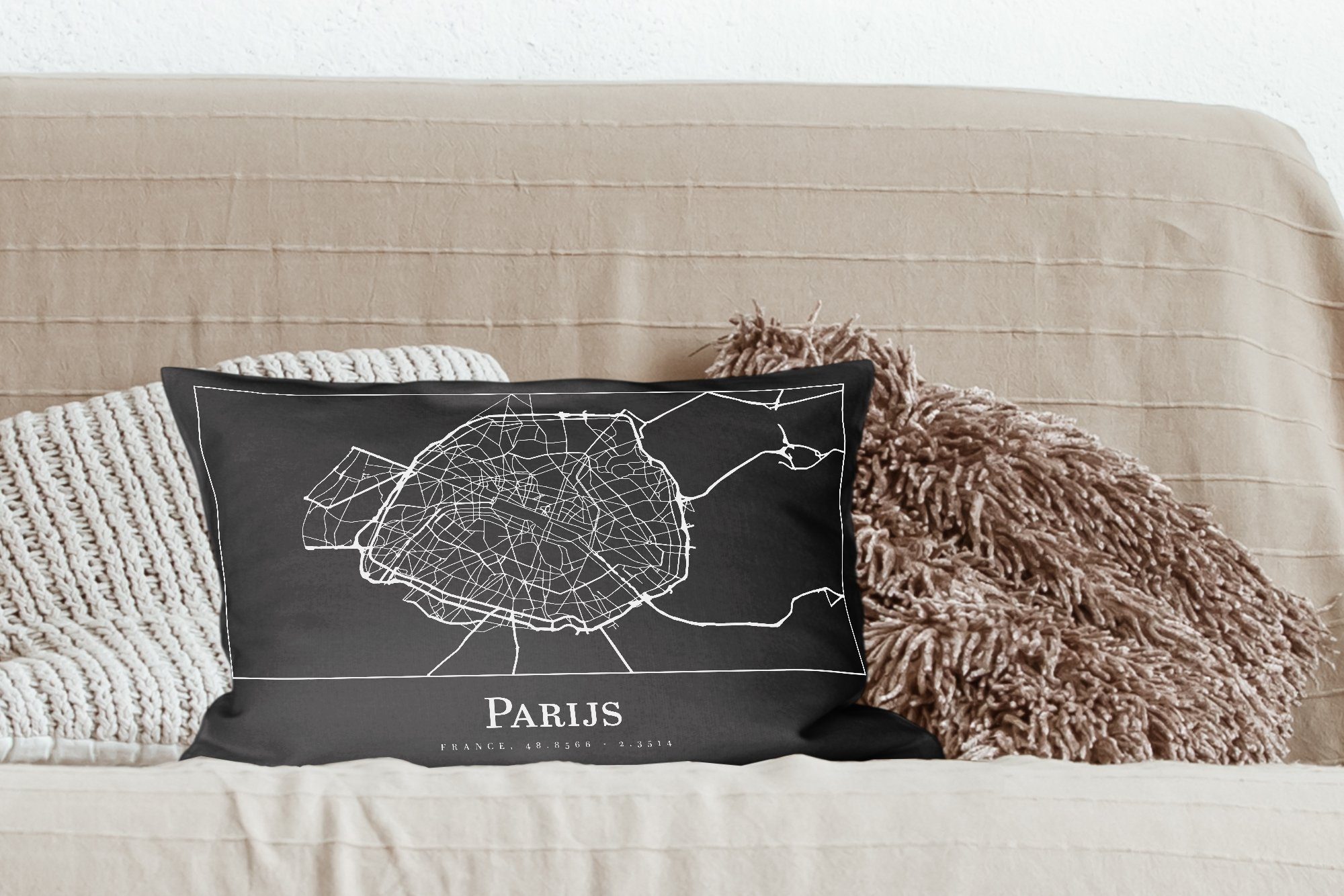 MuchoWow Dekokissen Paris - Karte Schlafzimmer Dekoration, - mit Füllung, Stadtplan, Wohzimmer Zierkissen, Dekokissen