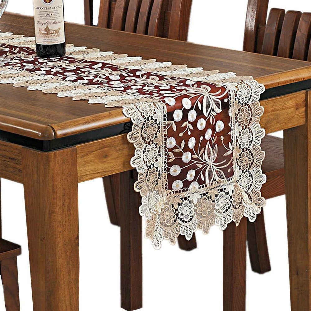 FELIXLEO Tischdecke Tischläufer bestickter Spitzen- mit floralem Muster 40x90cm Rotwein