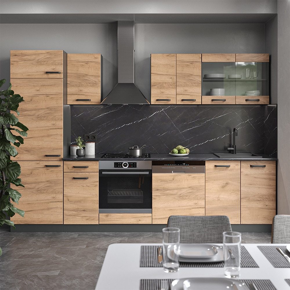 Vicco Küchenzeile R-Line, Goldkraft Eiche/Anthrazit, 300 cm, AP Anthrazit