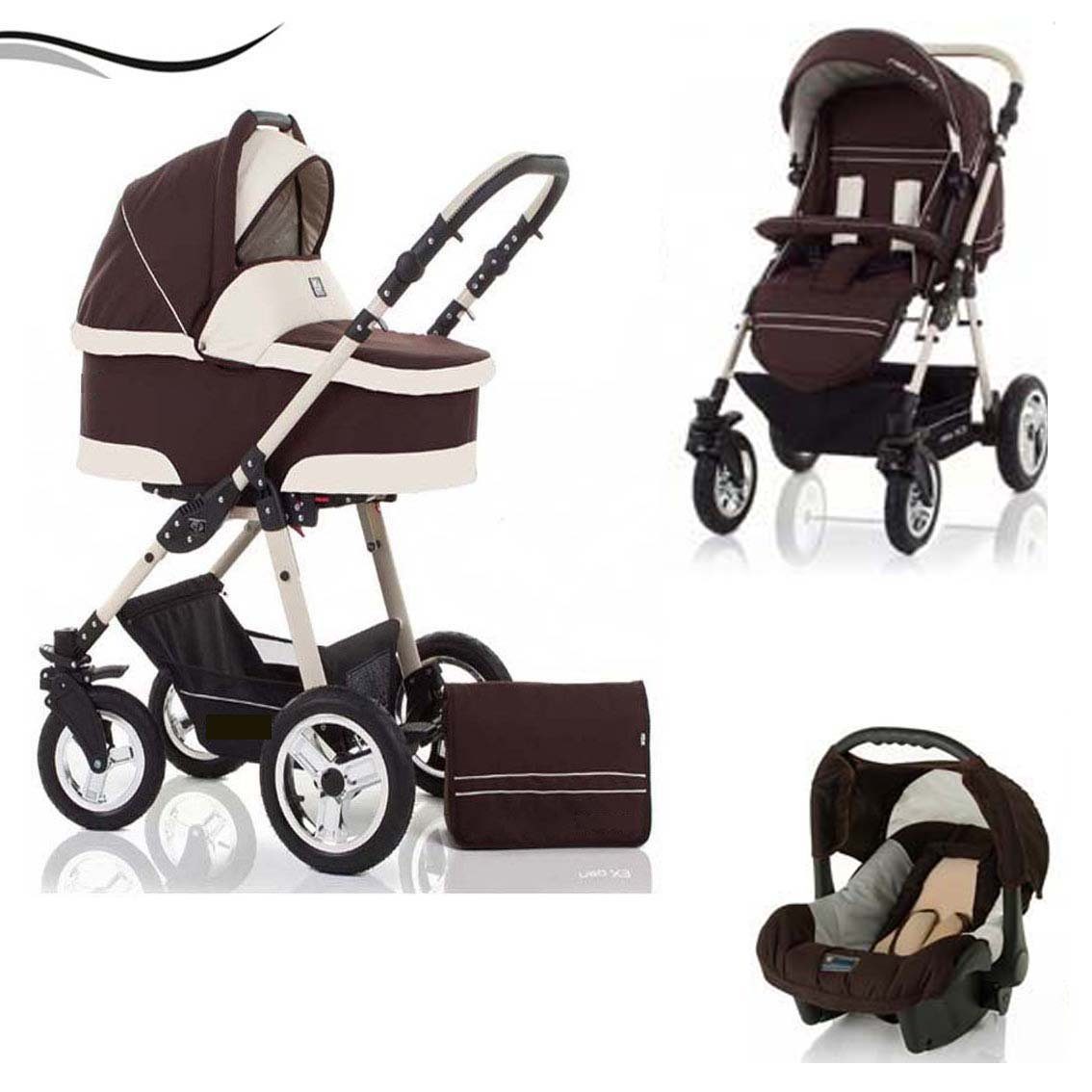 babies-on-wheels Kombi-Kinderwagen City Star 3 in 1 inkl. Autositz - 16 Teile - von Geburt bis 4 Jahre in 16 Farben Braun-Creme